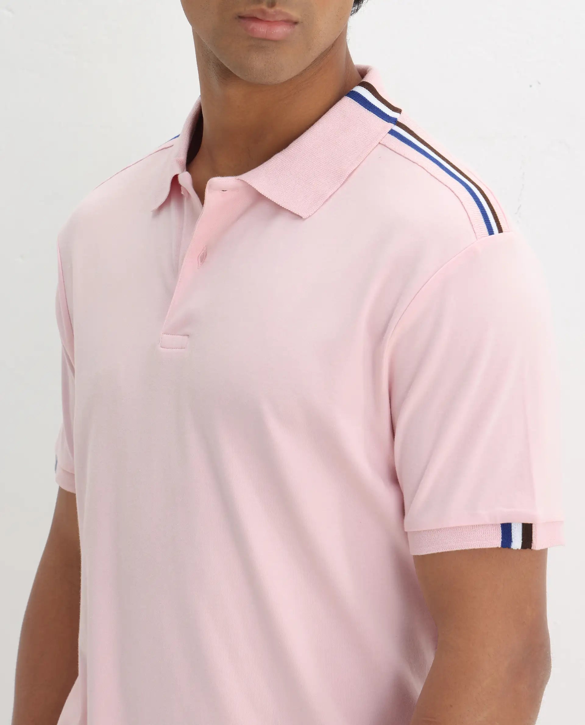 Rare Rabbit Men Loui Light Pink Cotton Fabric Striped Short Sleeve And Collar Neck Plain Polo