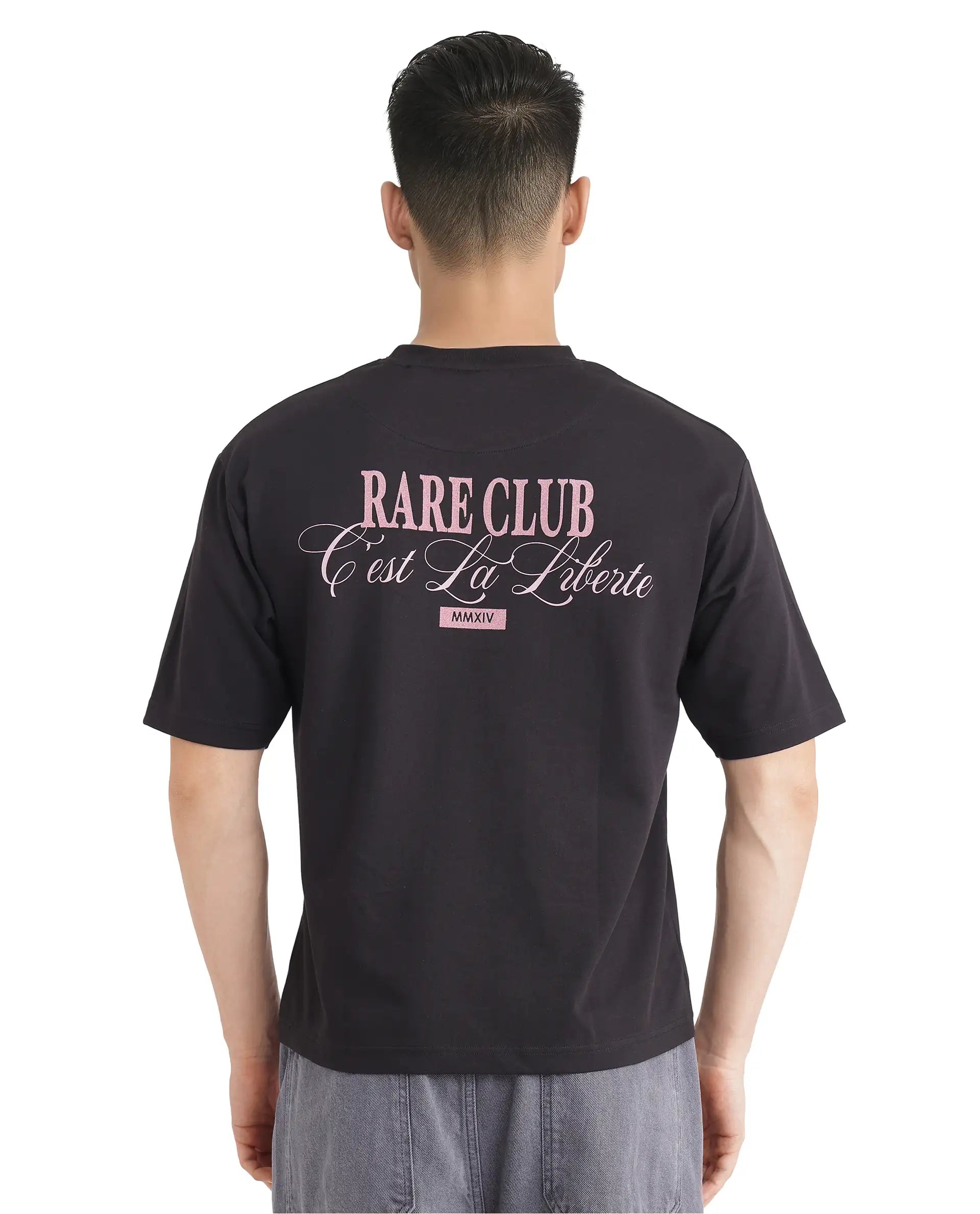 Rare Rabbit Men Lout Black Cotton Poly Fabric Short Sleeve Boxy Fit Typography Printed T-Shirt