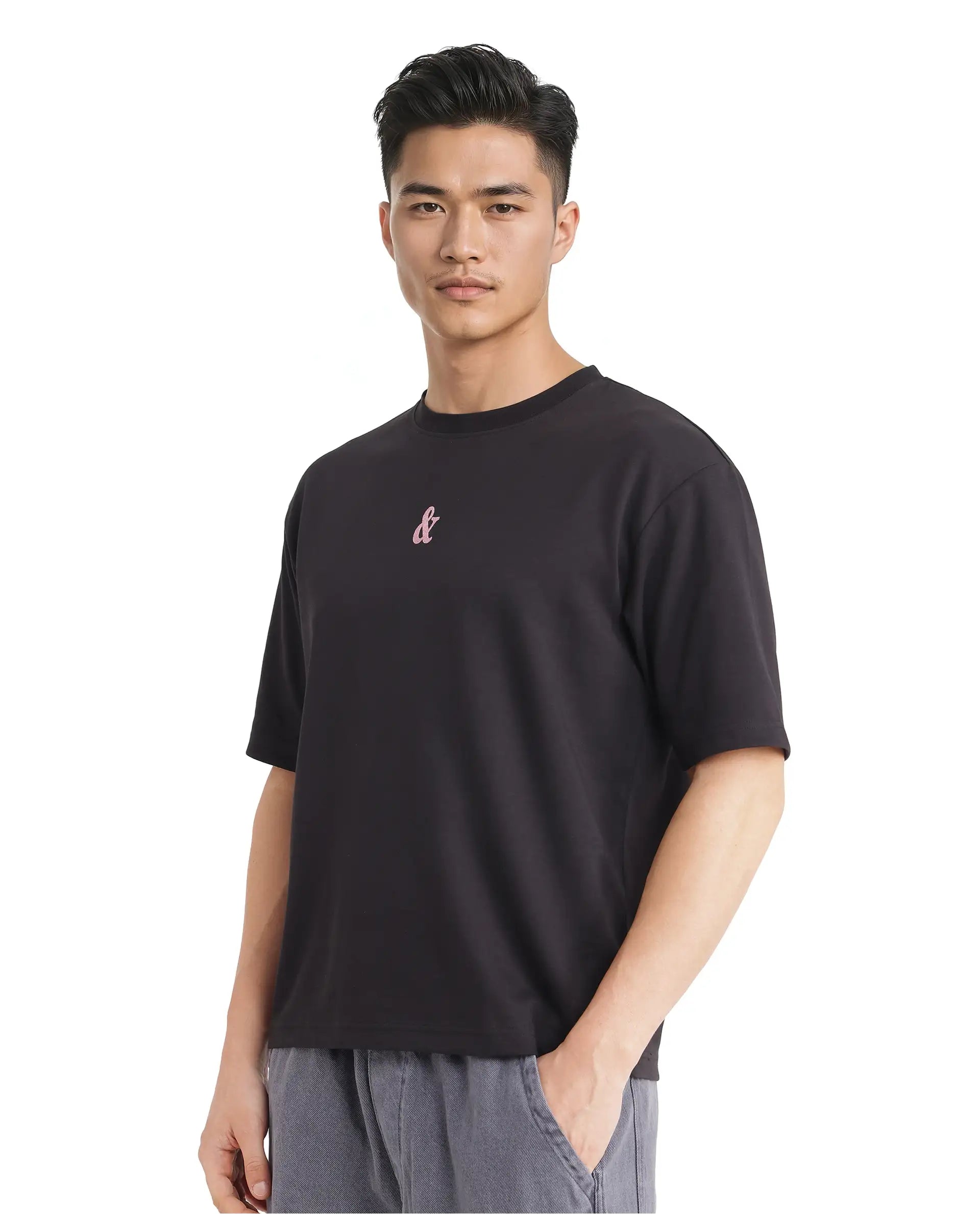 Rare Rabbit Men Lout Black Cotton Poly Fabric Short Sleeve Boxy Fit Typography Printed T-Shirt