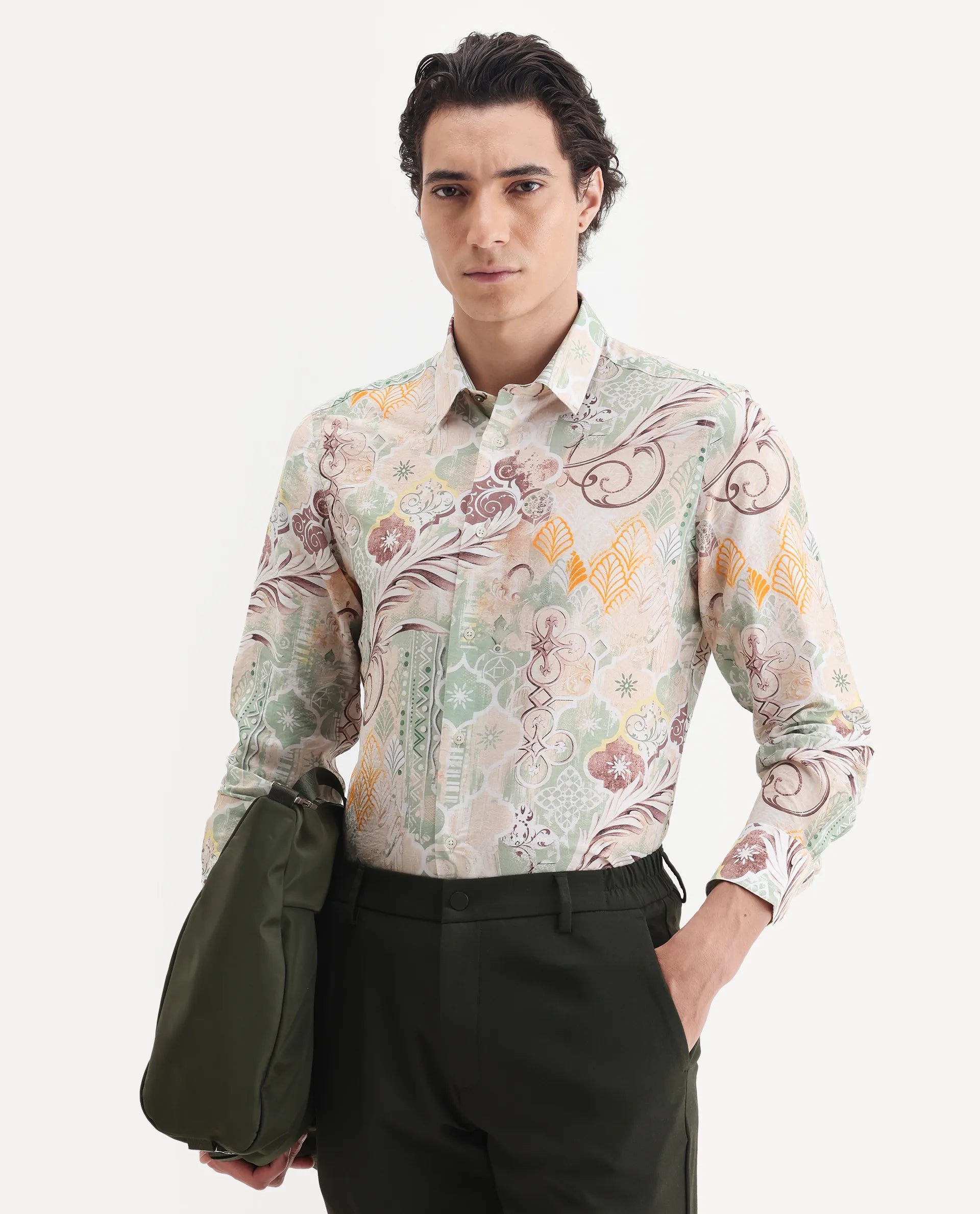 Rare Rabbit Men's Loux Beige Viscose Blend Fabric Collared Neck Regular Abstract Print Shirt