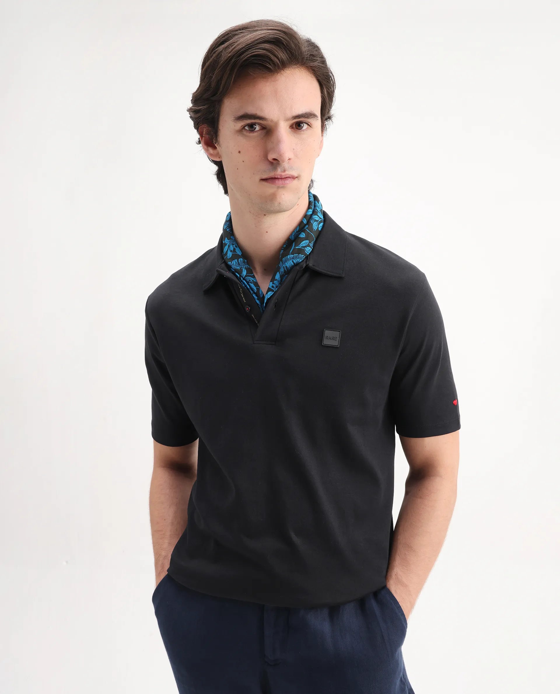 Rare Rabbit Men's Lov Black Cotton Embroidered Regular Fit Half Sleeve Polo