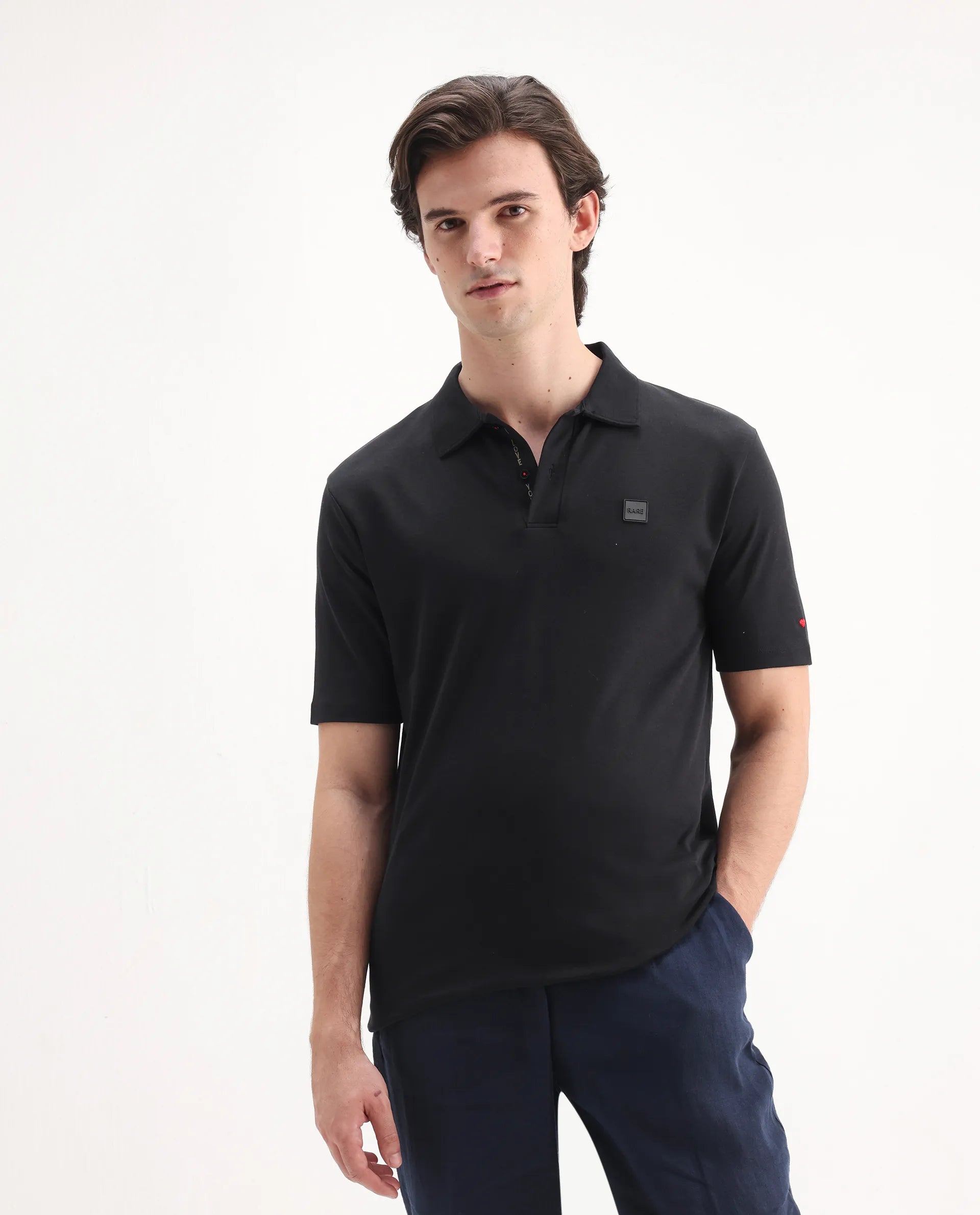 Rare Rabbit Men's Lov Black Cotton Embroidered Regular Fit Half Sleeve Polo