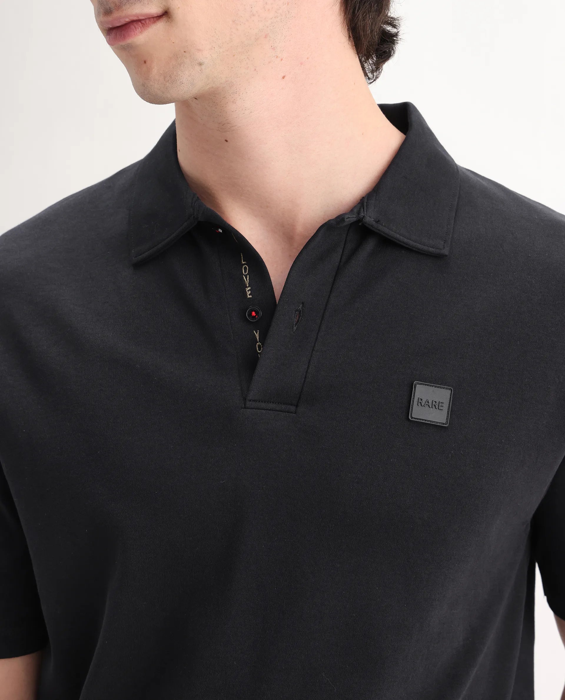 Rare Rabbit Men's Lov Black Cotton Embroidered Regular Fit Half Sleeve Polo