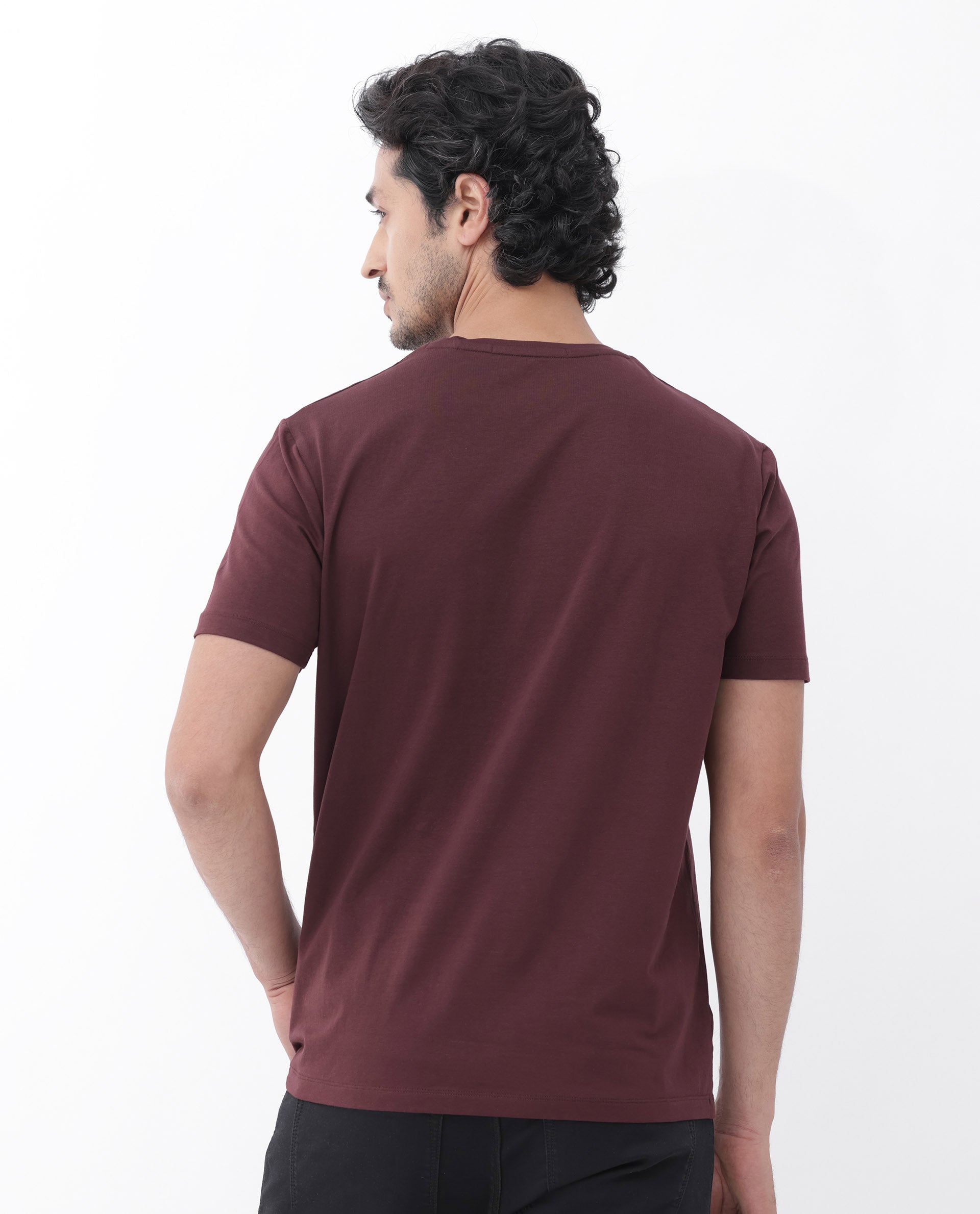 Rare Rabbit Mens Love Her Maroon Cotton Lycra Short Sleeve Skinny Fit Graphic Print T-Shirt