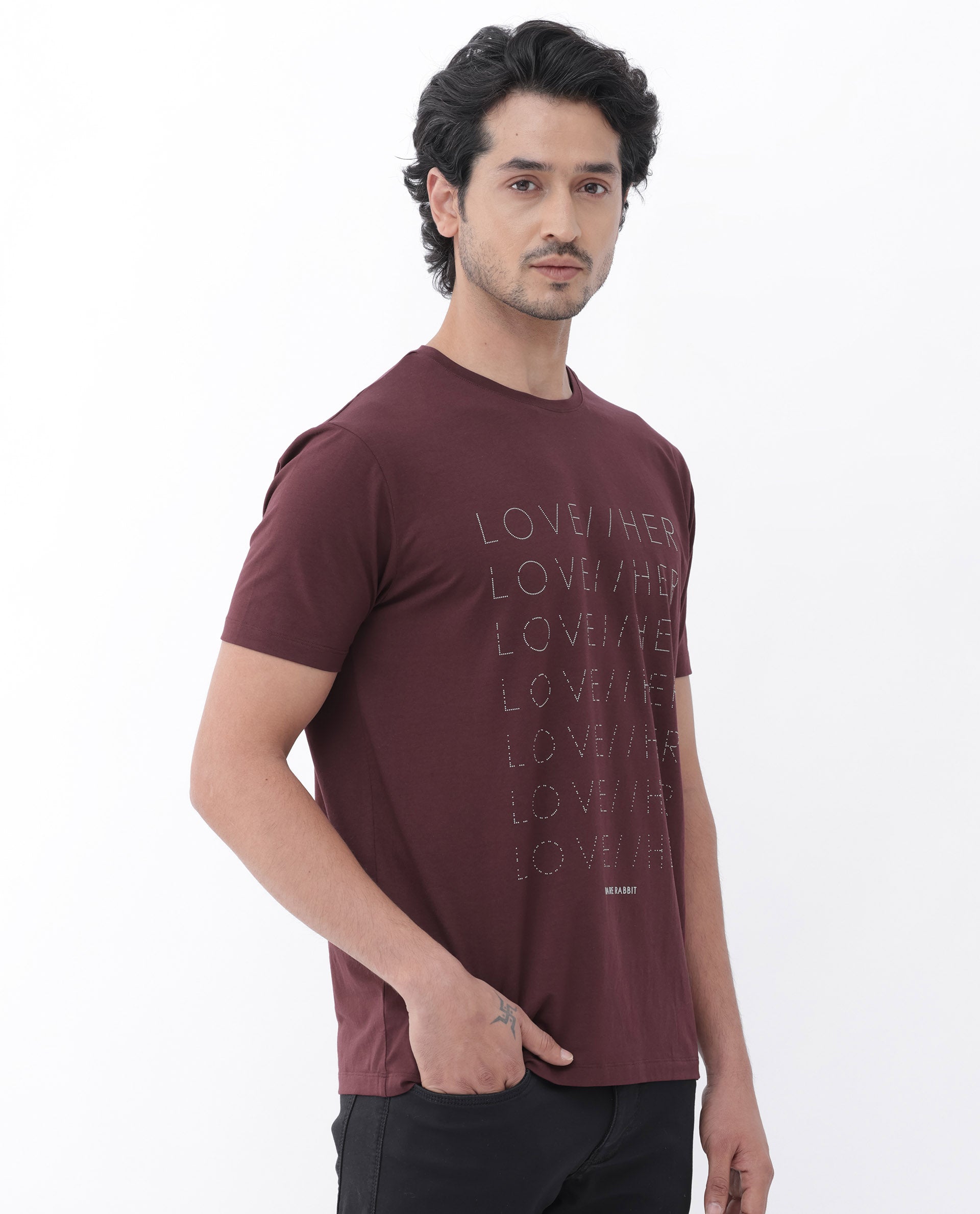 Rare Rabbit Mens Love Her Maroon Cotton Lycra Short Sleeve Skinny Fit Graphic Print T-Shirt
