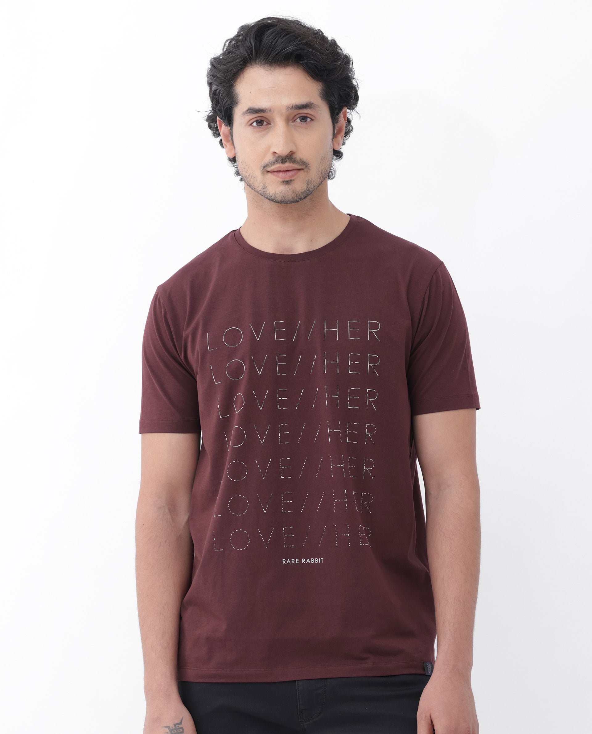 Rare Rabbit Mens Love Her Maroon Cotton Lycra Short Sleeve Skinny Fit Graphic Print T-Shirt