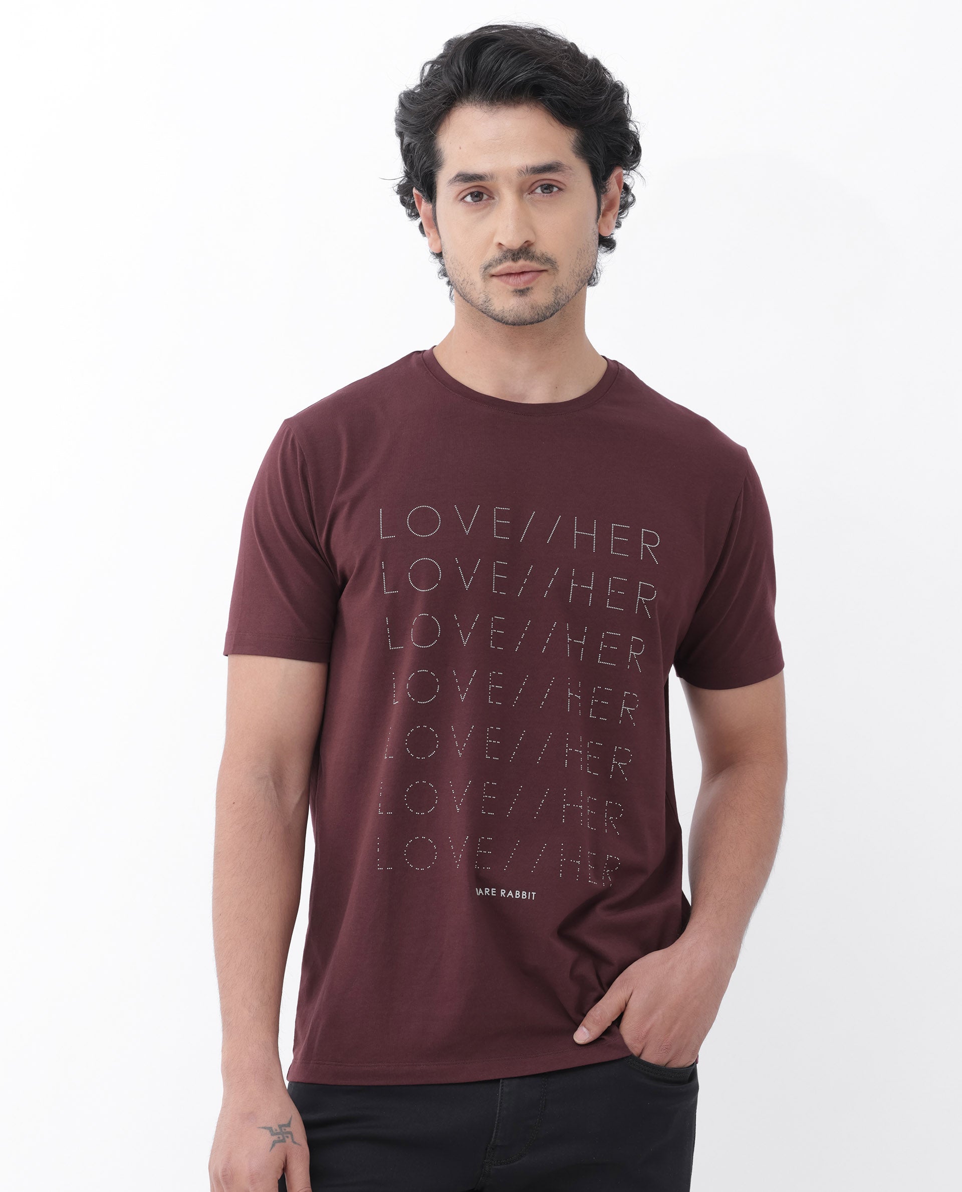 Rare Rabbit Mens Love Her Maroon Cotton Lycra Short Sleeve Skinny Fit Graphic Print T-Shirt