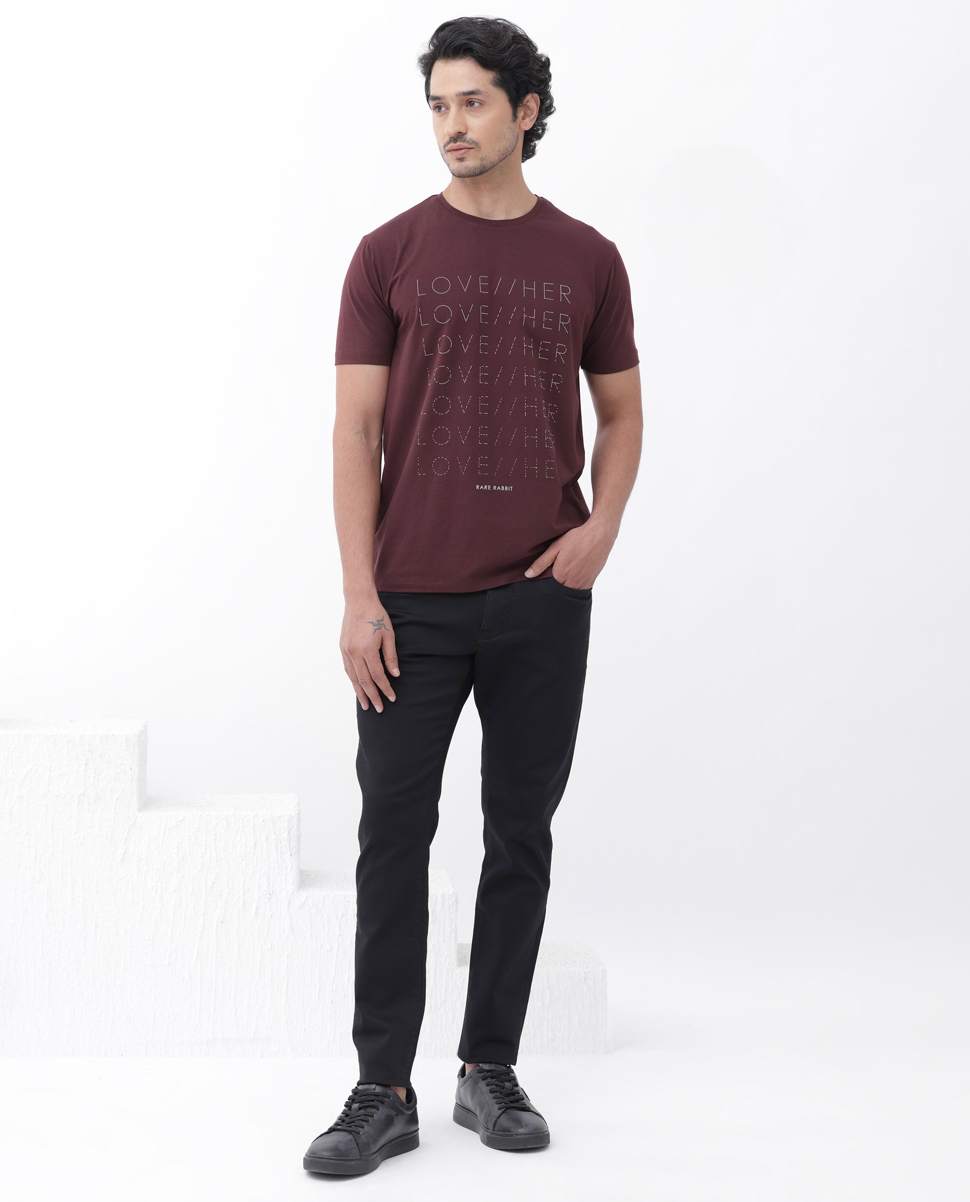 Rare Rabbit Mens Love Her Maroon Cotton Lycra Short Sleeve Skinny Fit Graphic Print T-Shirt