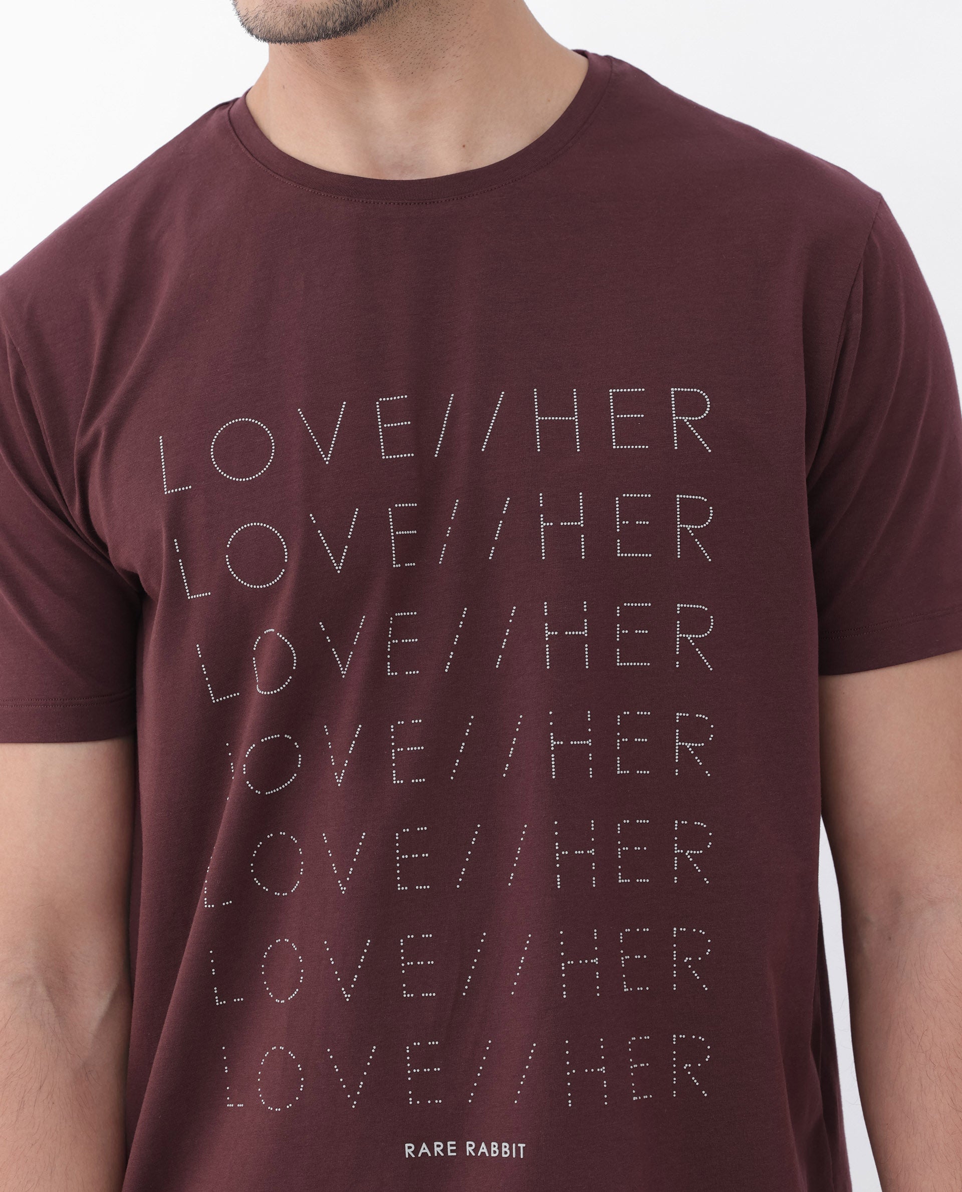 Rare Rabbit Mens Love Her Maroon Cotton Lycra Short Sleeve Skinny Fit Graphic Print T-Shirt