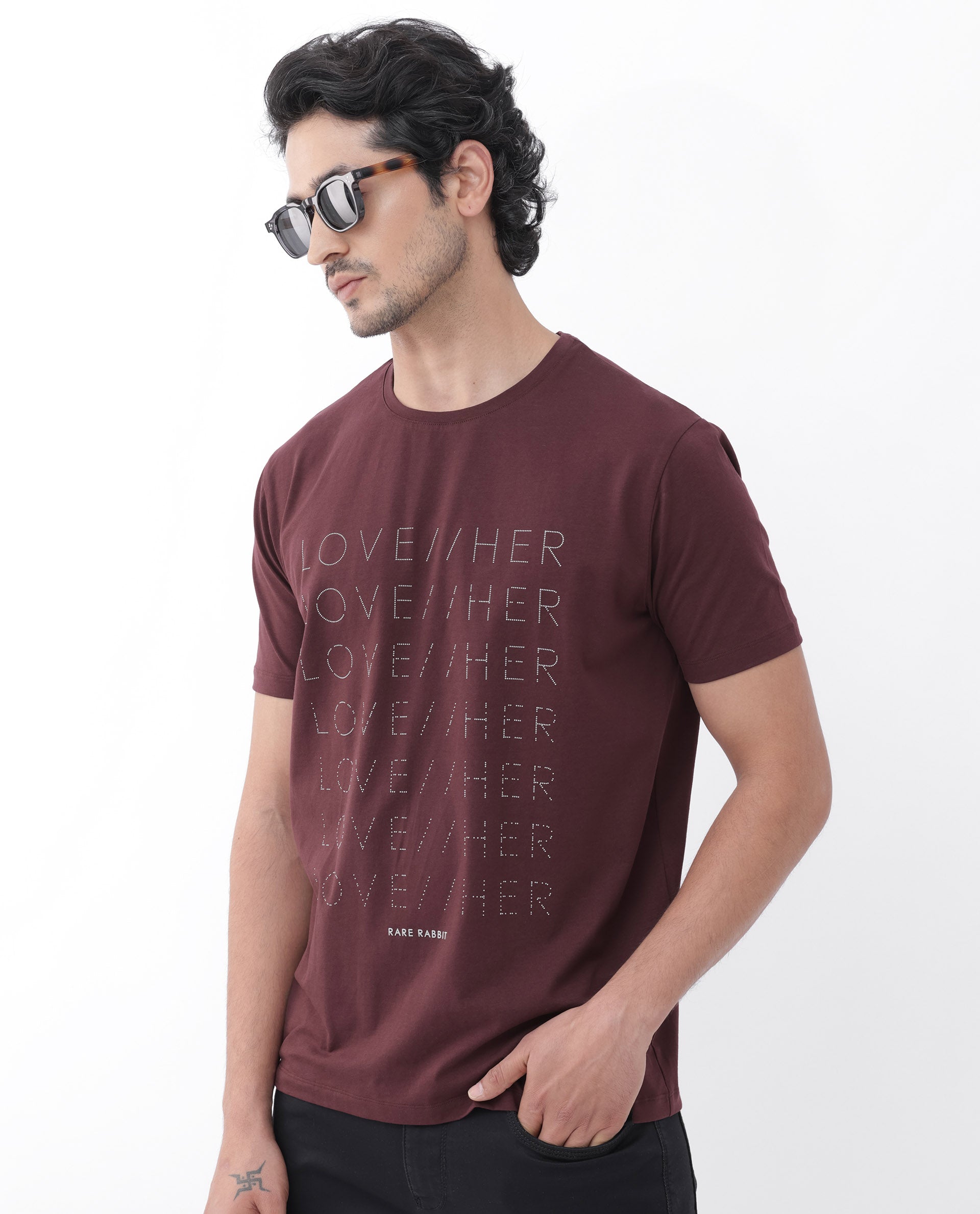 Rare Rabbit Mens Love Her Maroon Cotton Lycra Short Sleeve Skinny Fit Graphic Print T-Shirt