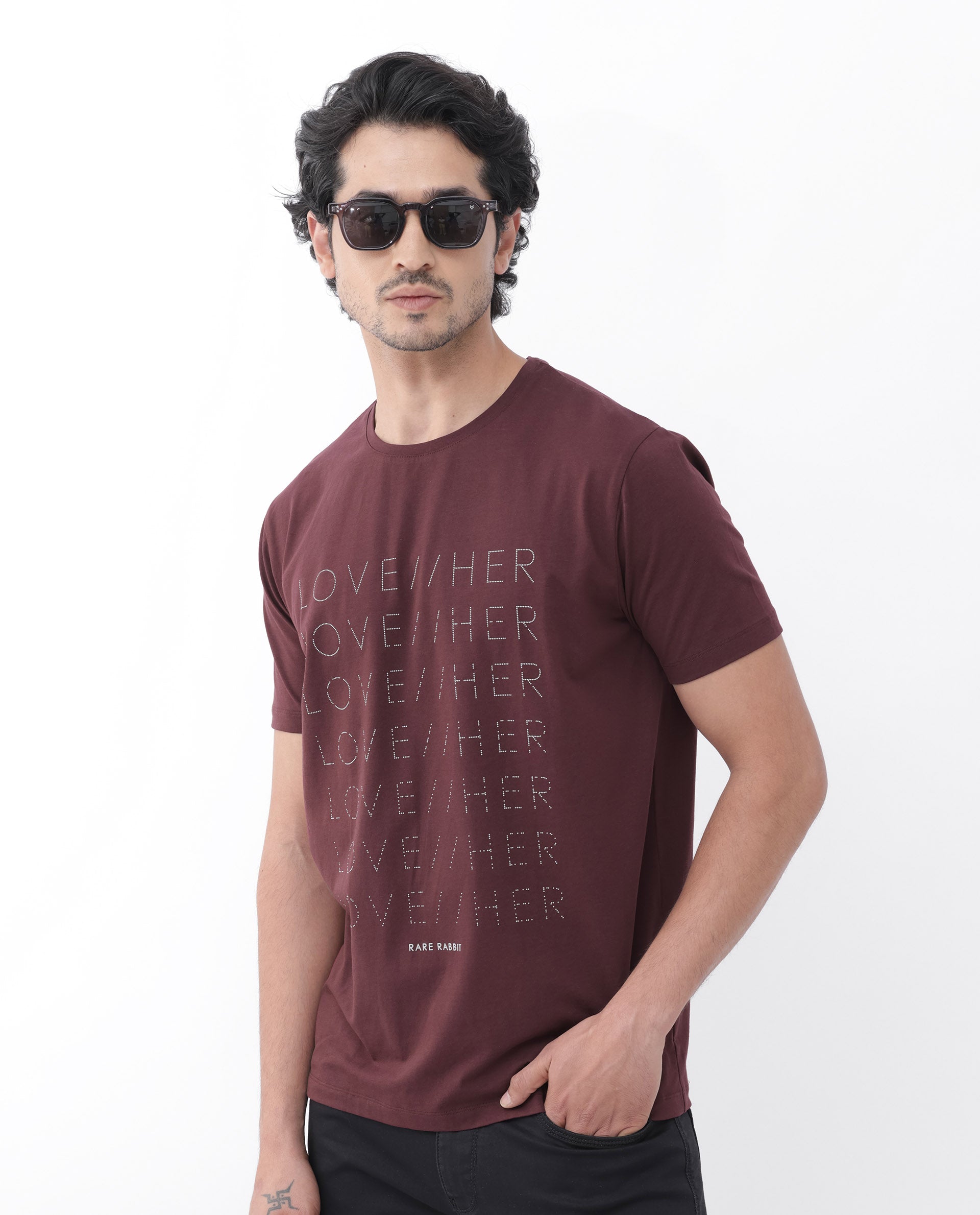 Rare Rabbit Mens Love Her Maroon Cotton Lycra Short Sleeve Skinny Fit Graphic Print T-Shirt