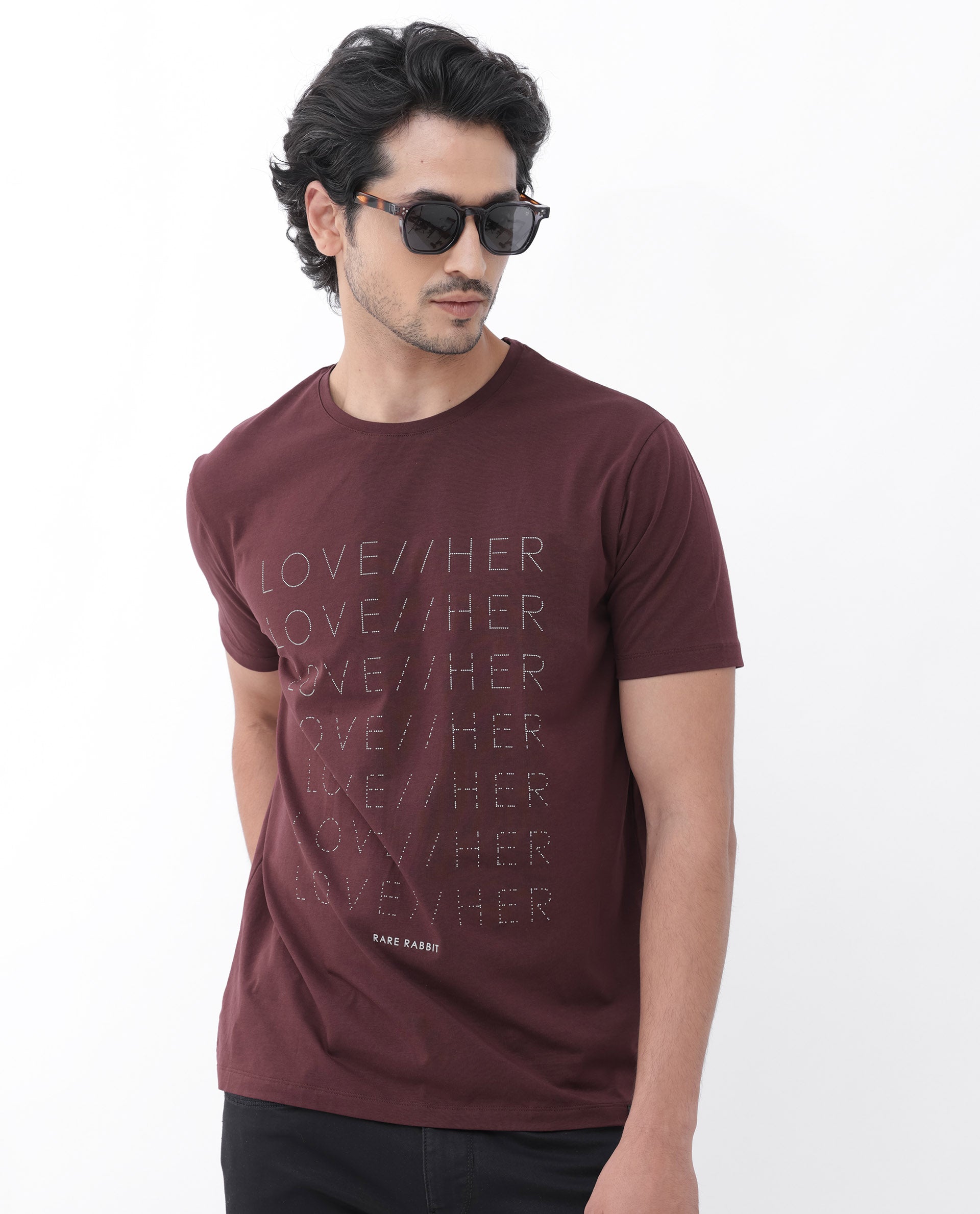 Rare Rabbit Mens Love Her Maroon Cotton Lycra Short Sleeve Skinny Fit Graphic Print T-Shirt
