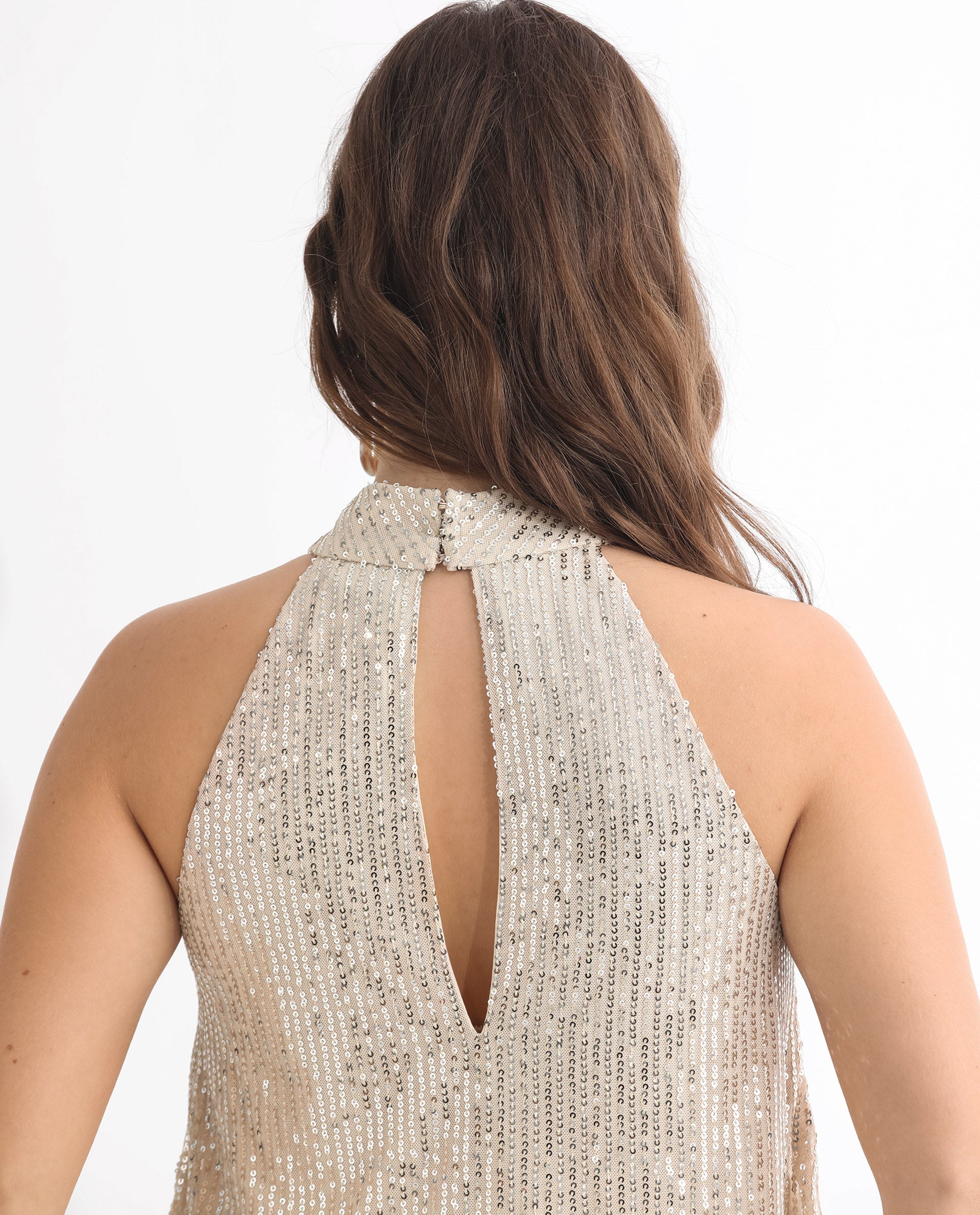 Rareism Women Lovia Beige Nylon Fabric Regular Fit Halter Neck Sleeveless Sequined Top