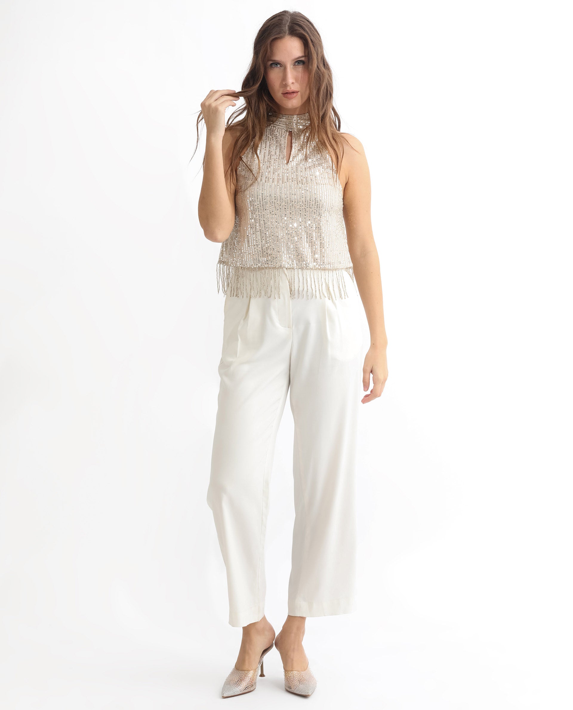 Rareism Women Lovia Beige Nylon Fabric Regular Fit Halter Neck Sleeveless Sequined Top