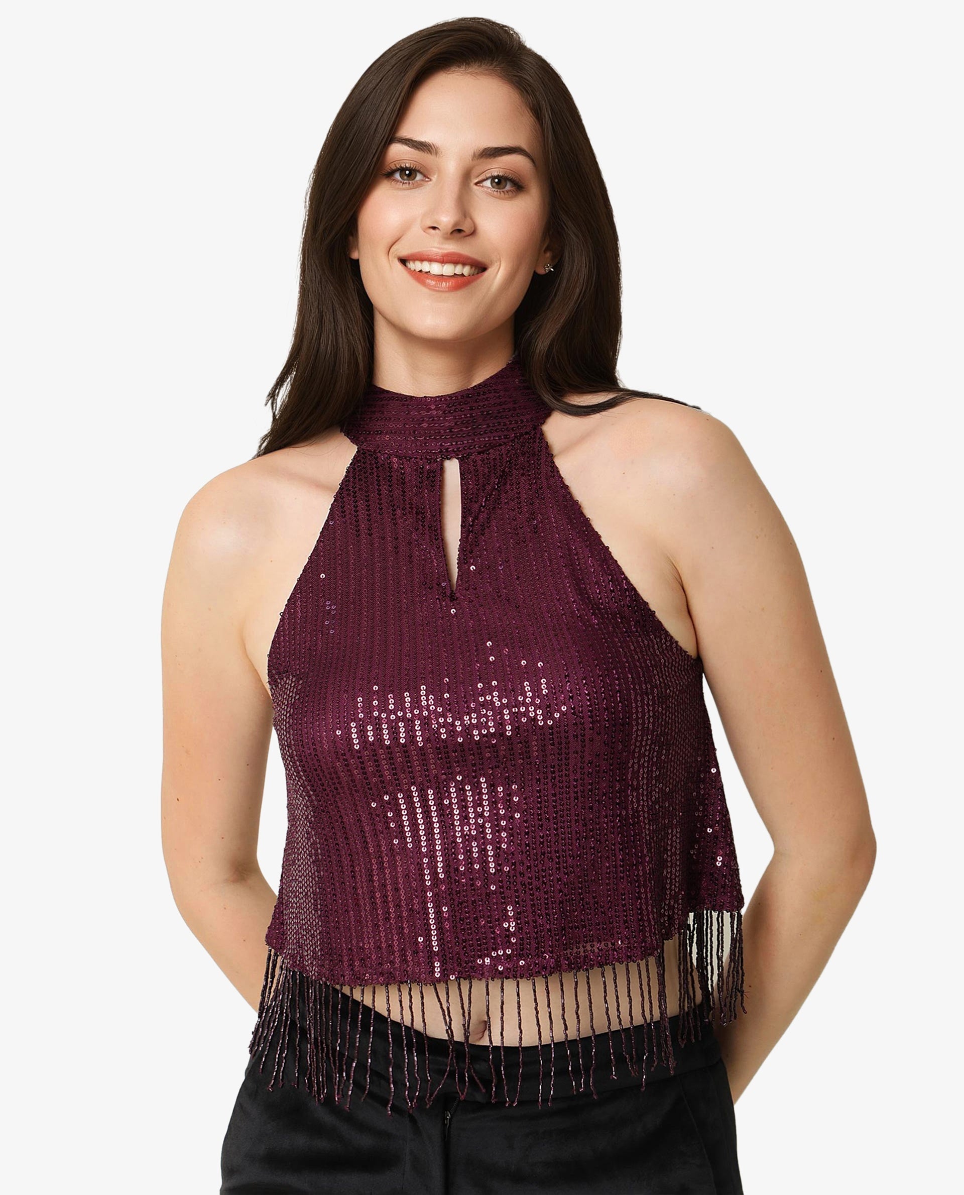 Rareism Women Lovia Dark Maroon Nylon Fabric Regular Fit Halter Neck Sleeveless Sequined Top