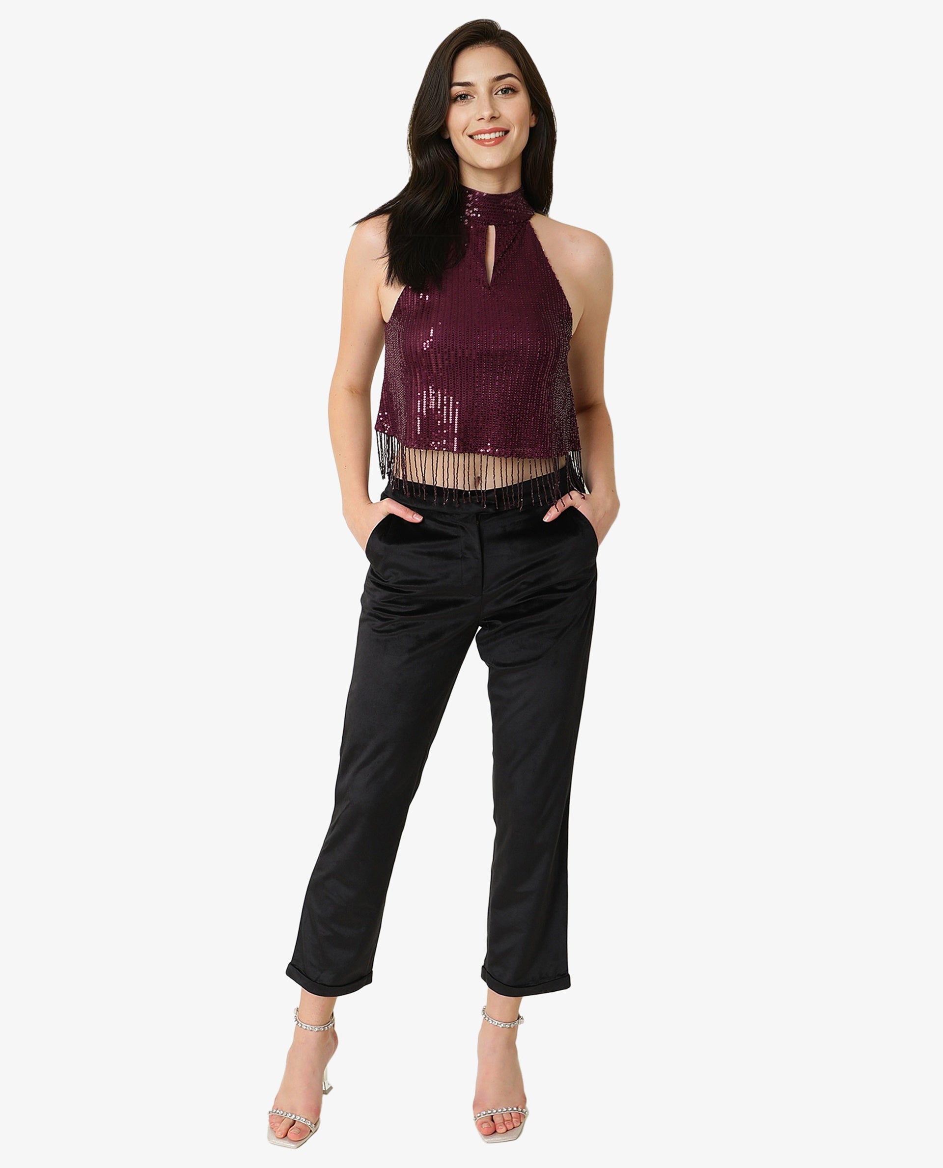 Rareism Women Lovia Dark Maroon Nylon Fabric Regular Fit Halter Neck Sleeveless Sequined Top