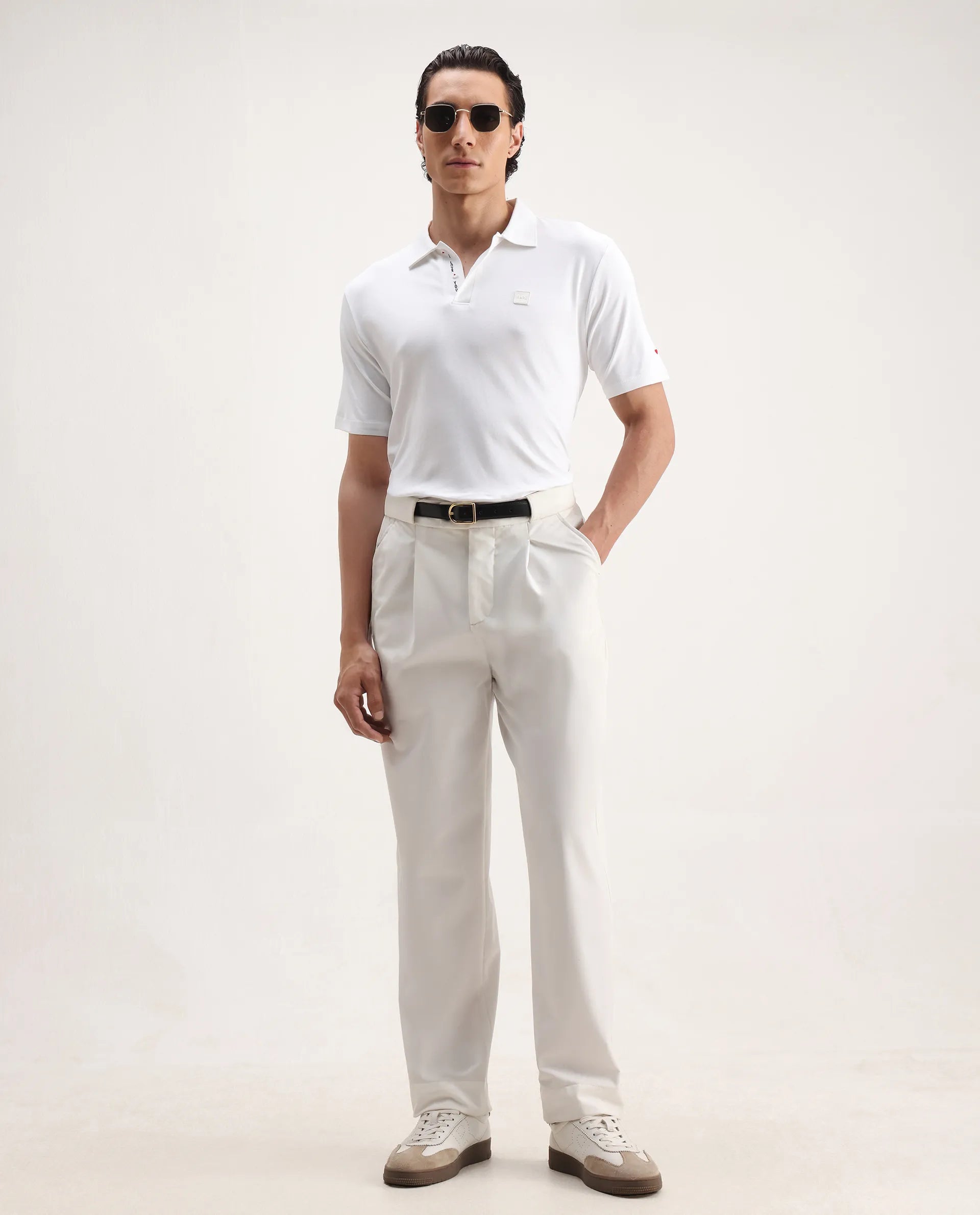 Rare Rabbit Men's Lov White Cotton Embroidered Regular Fit Half Sleeve Polo