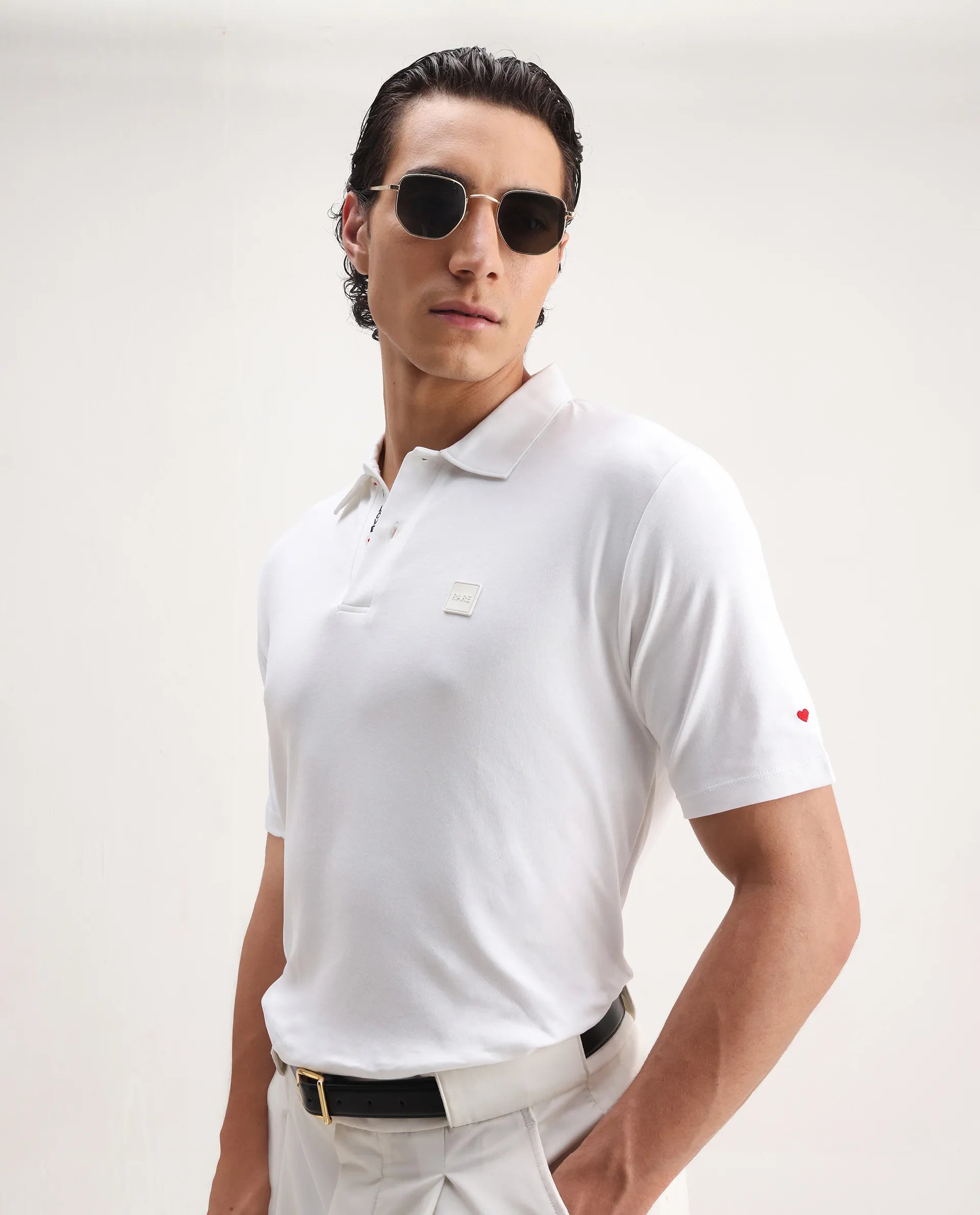 Rare Rabbit Men's Lov White Cotton Embroidered Regular Fit Half Sleeve Polo