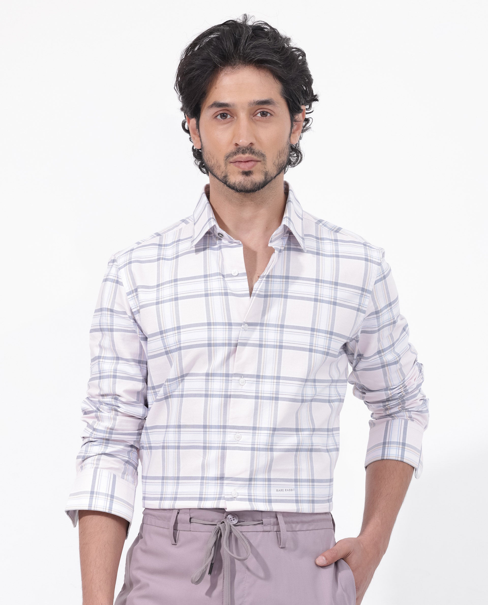 Rare Rabbit Mens Lowen Pastel Pink Cotton Fabric Full Sleeve Checks Print Shirt