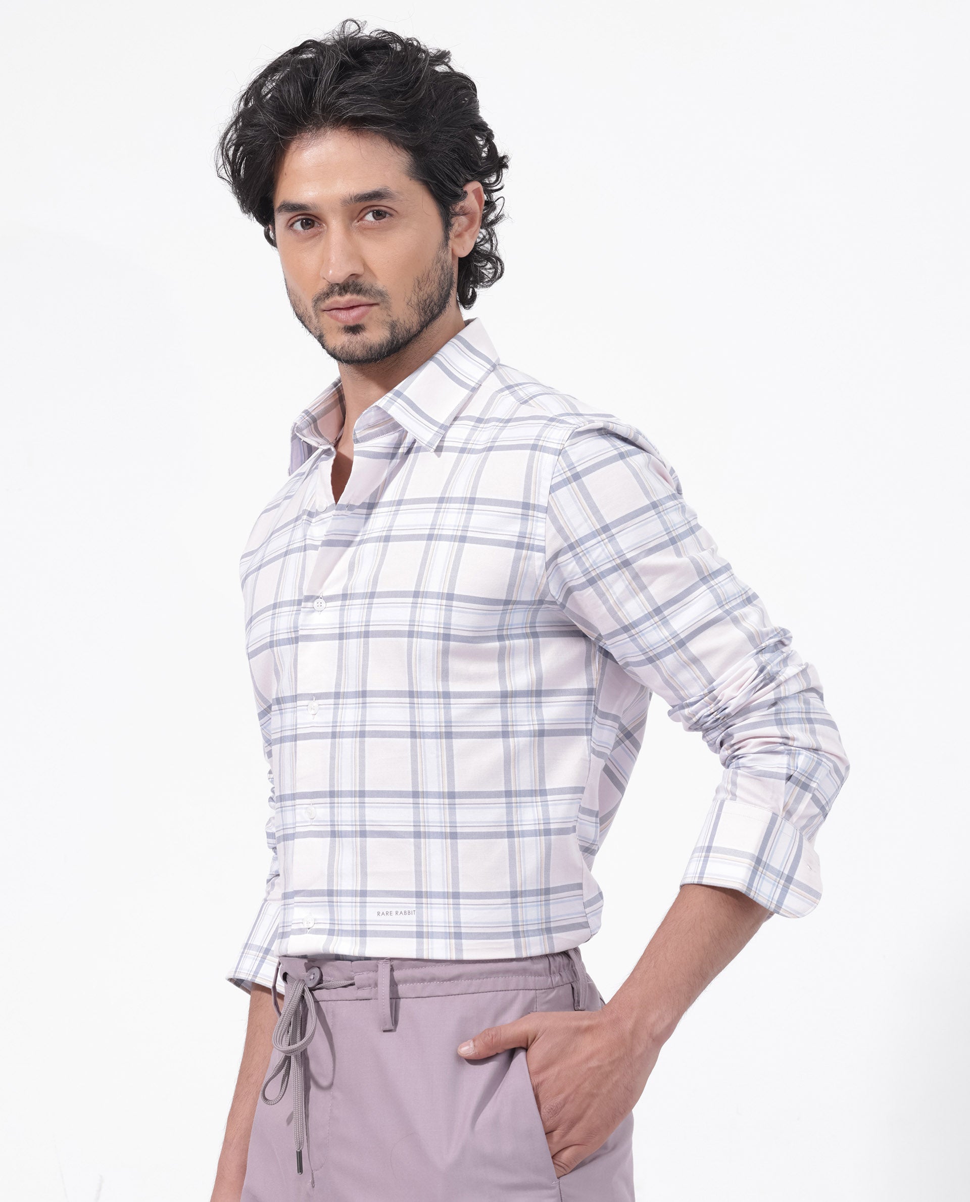 Rare Rabbit Mens Lowen Pastel Pink Cotton Fabric Full Sleeve Checks Print Shirt