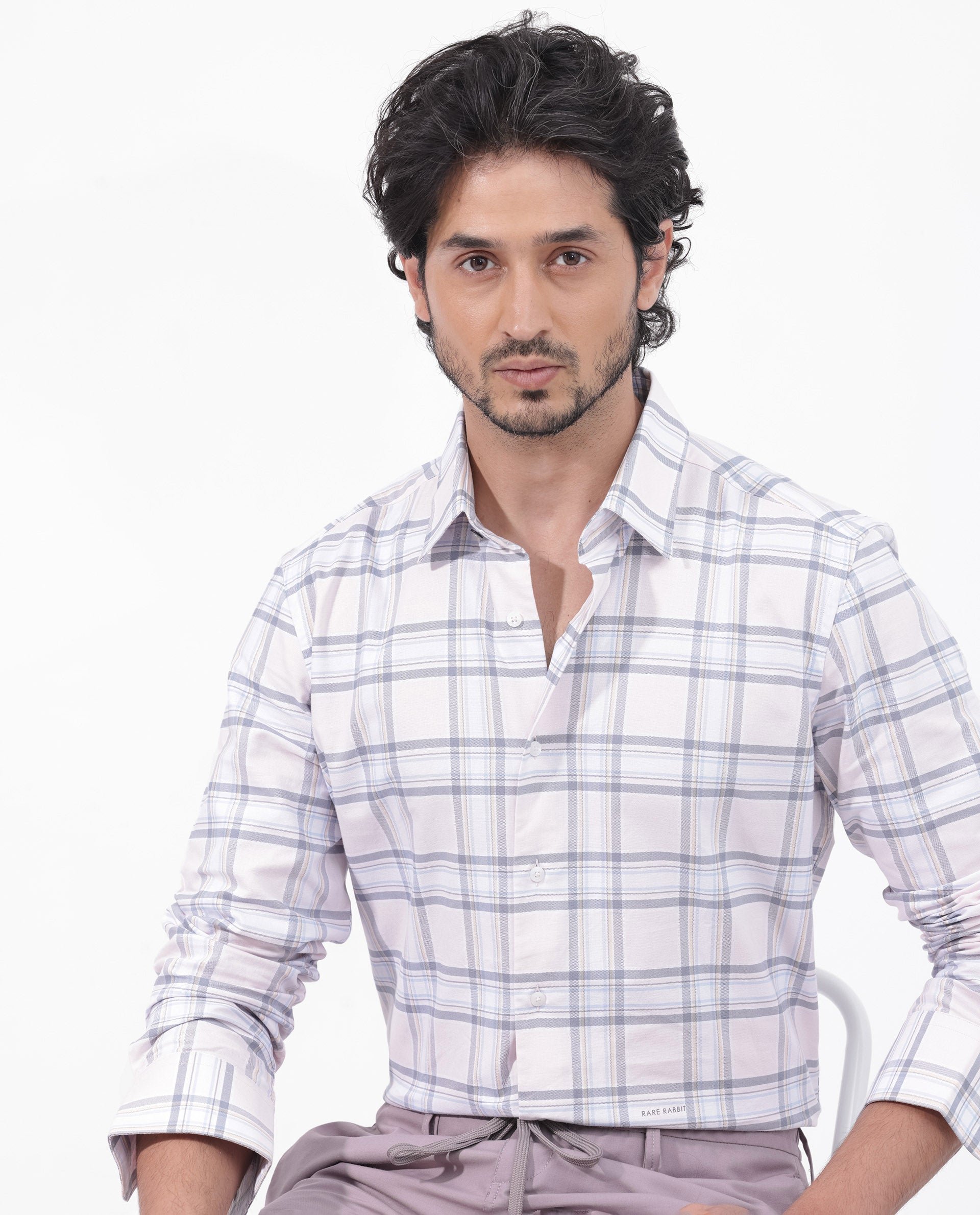 Rare Rabbit Mens Lowen Pastel Pink Cotton Fabric Full Sleeve Checks Print Shirt