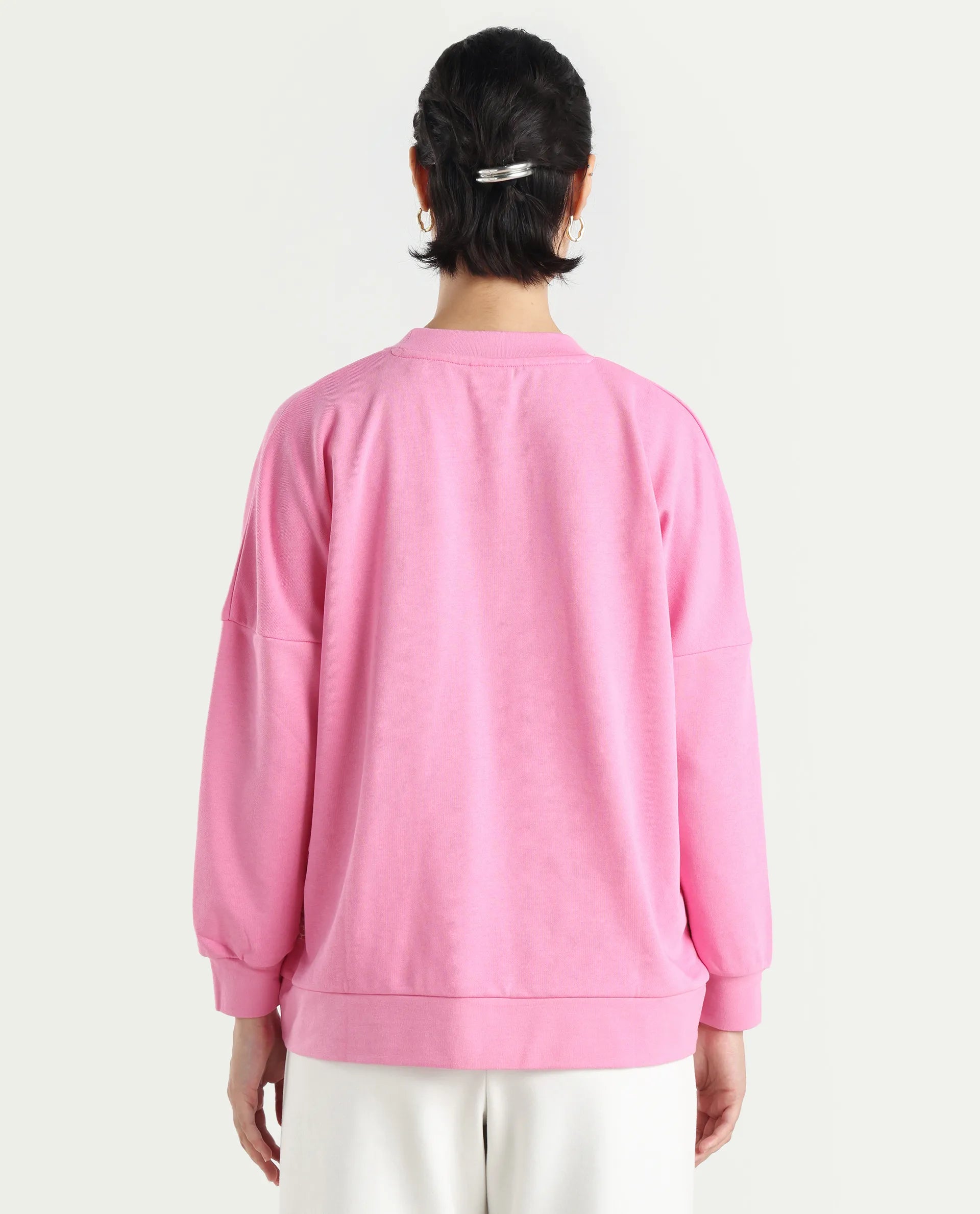 Rareism Women's Lowkey Dark Pink Cotton Blend Crew Neck Plain Relaxed Fit Sweatshirt