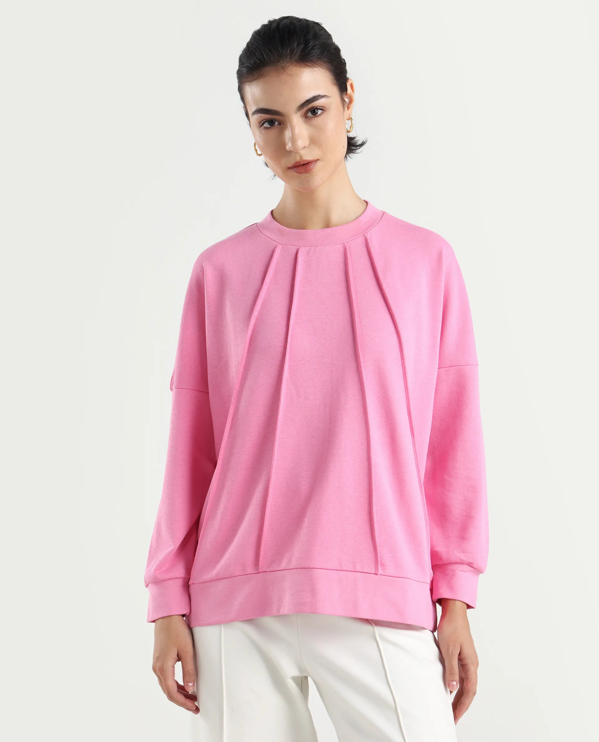 Rareism Women's Lowkey Dark Pink Cotton Blend Crew Neck Plain Relaxed Fit Sweatshirt