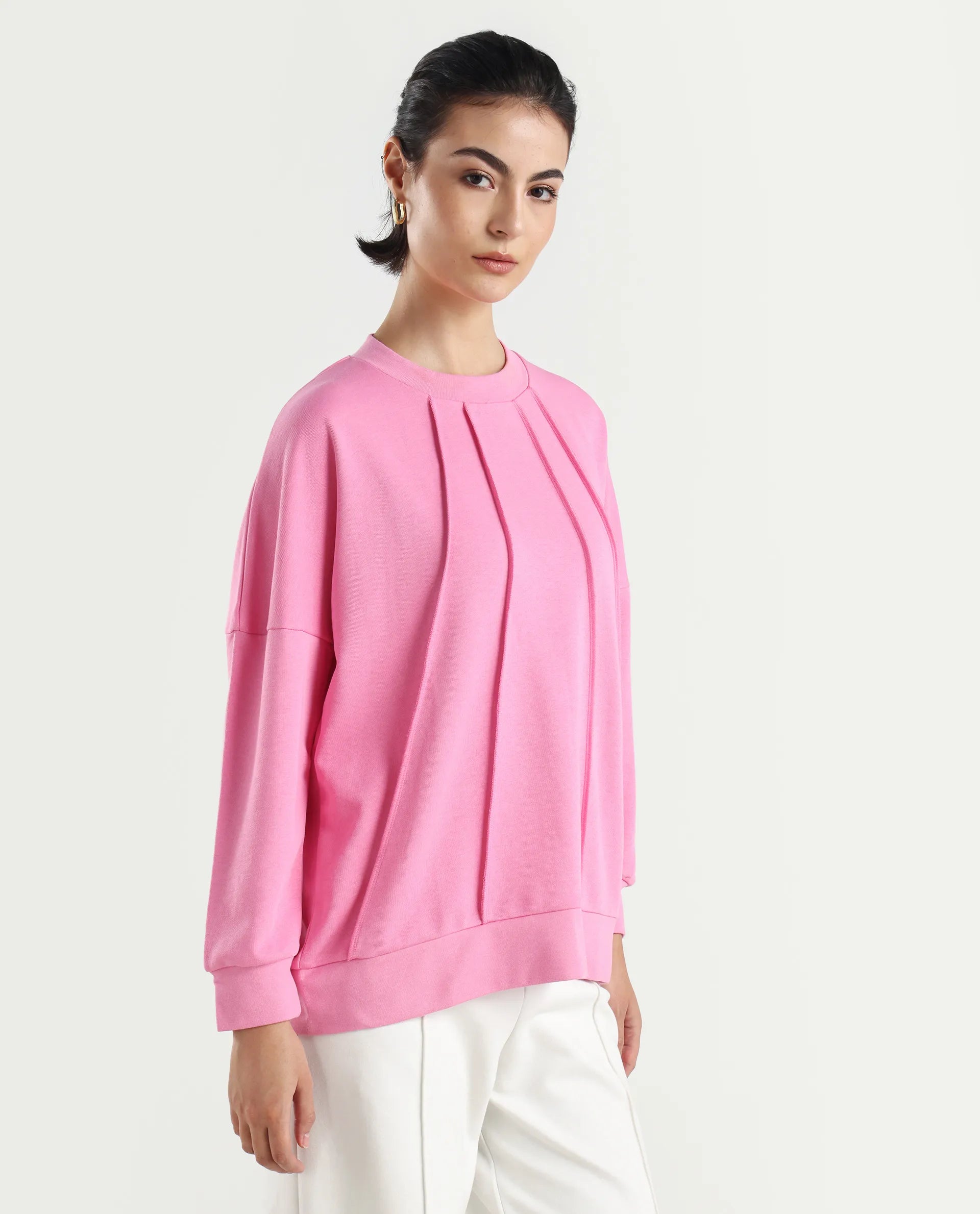 Rareism Women's Lowkey Dark Pink Cotton Blend Crew Neck Plain Relaxed Fit Sweatshirt