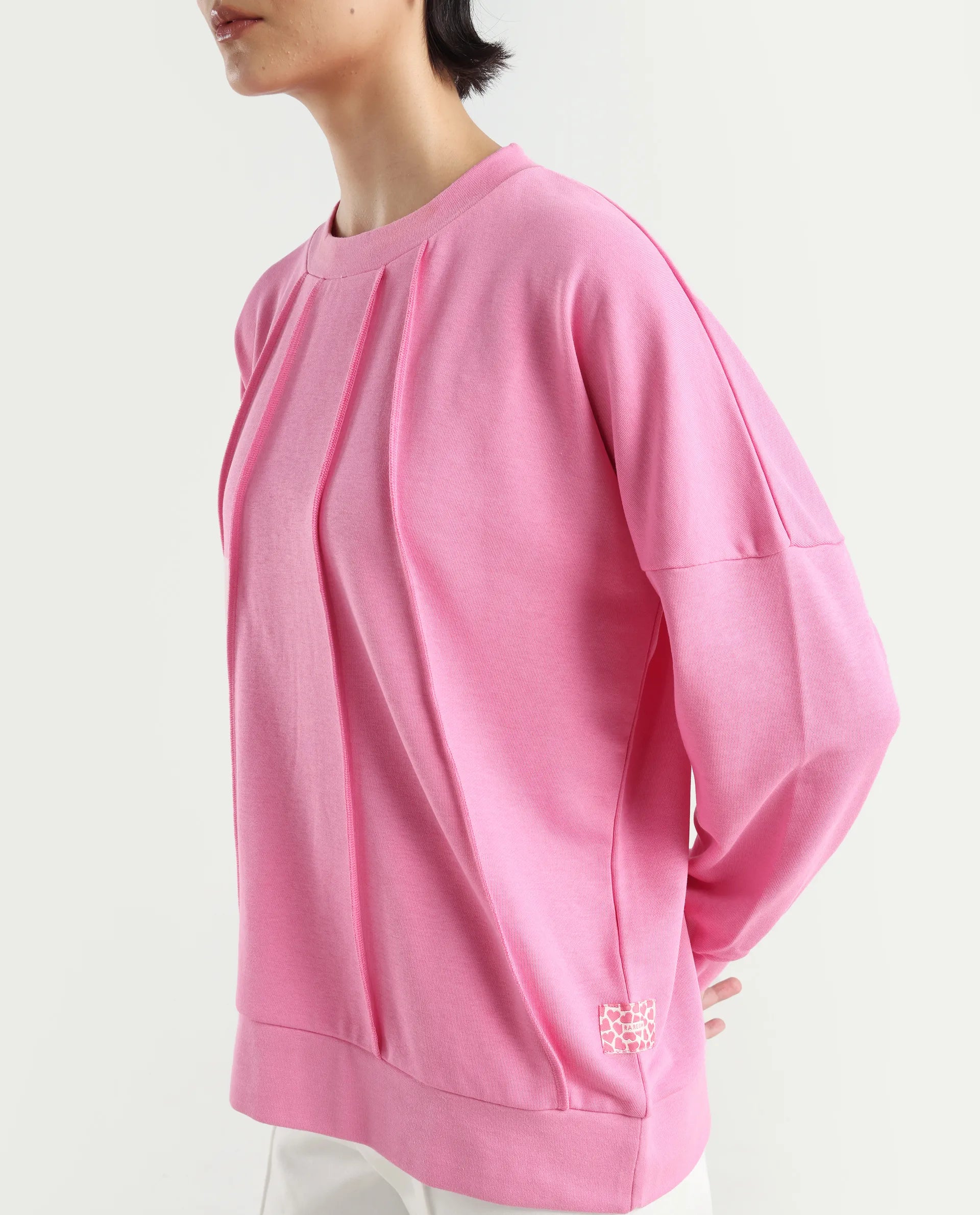 Rareism Women's Lowkey Dark Pink Cotton Blend Crew Neck Plain Relaxed Fit Sweatshirt