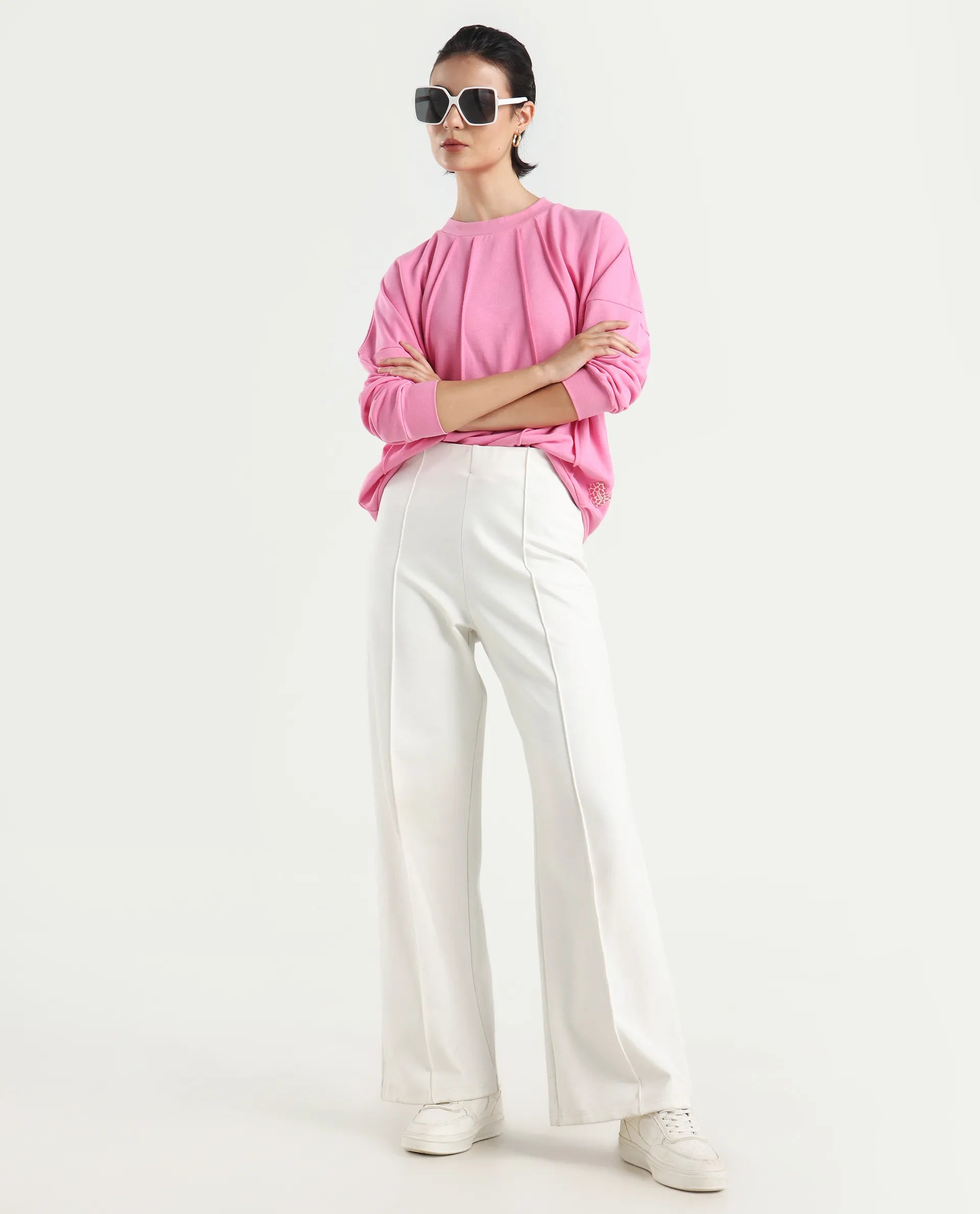 Rareism Women's Lowkey Dark Pink Cotton Blend Crew Neck Plain Relaxed Fit Sweatshirt