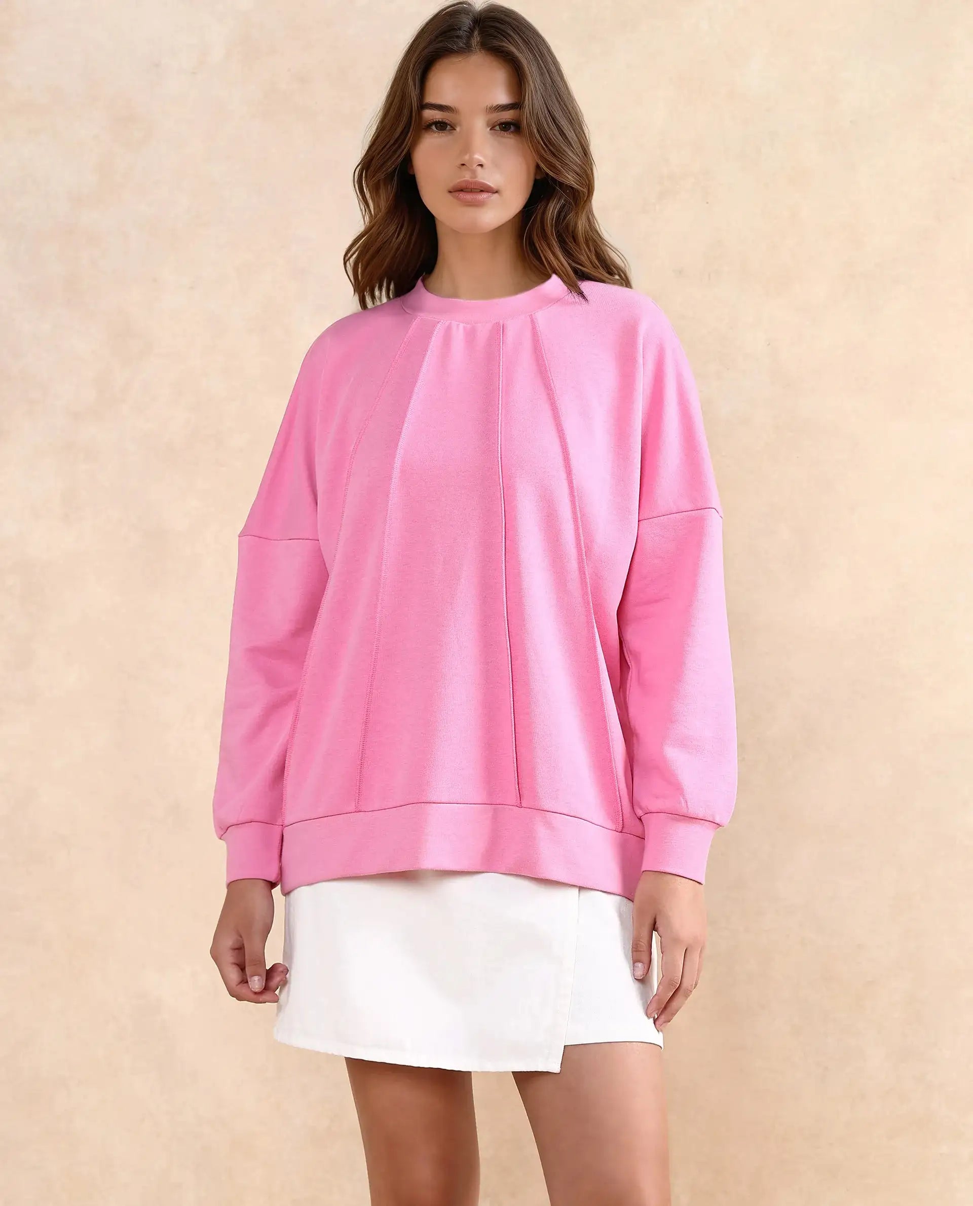 Rareism Women Lowkey Dark Pink Cotton Blend Fabric Full Sleeve Crew Neck Relaxed Fit Plain Sweatshirt