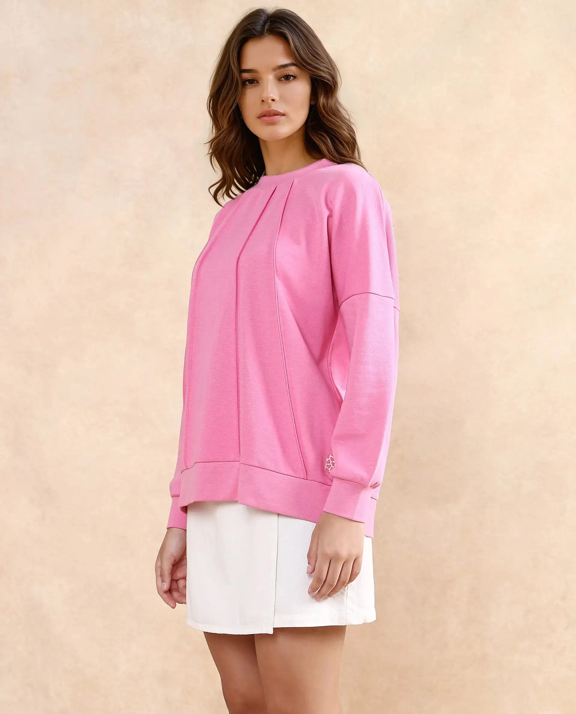 Rareism Women Lowkey Dark Pink Cotton Blend Fabric Full Sleeve Crew Neck Relaxed Fit Plain Sweatshirt