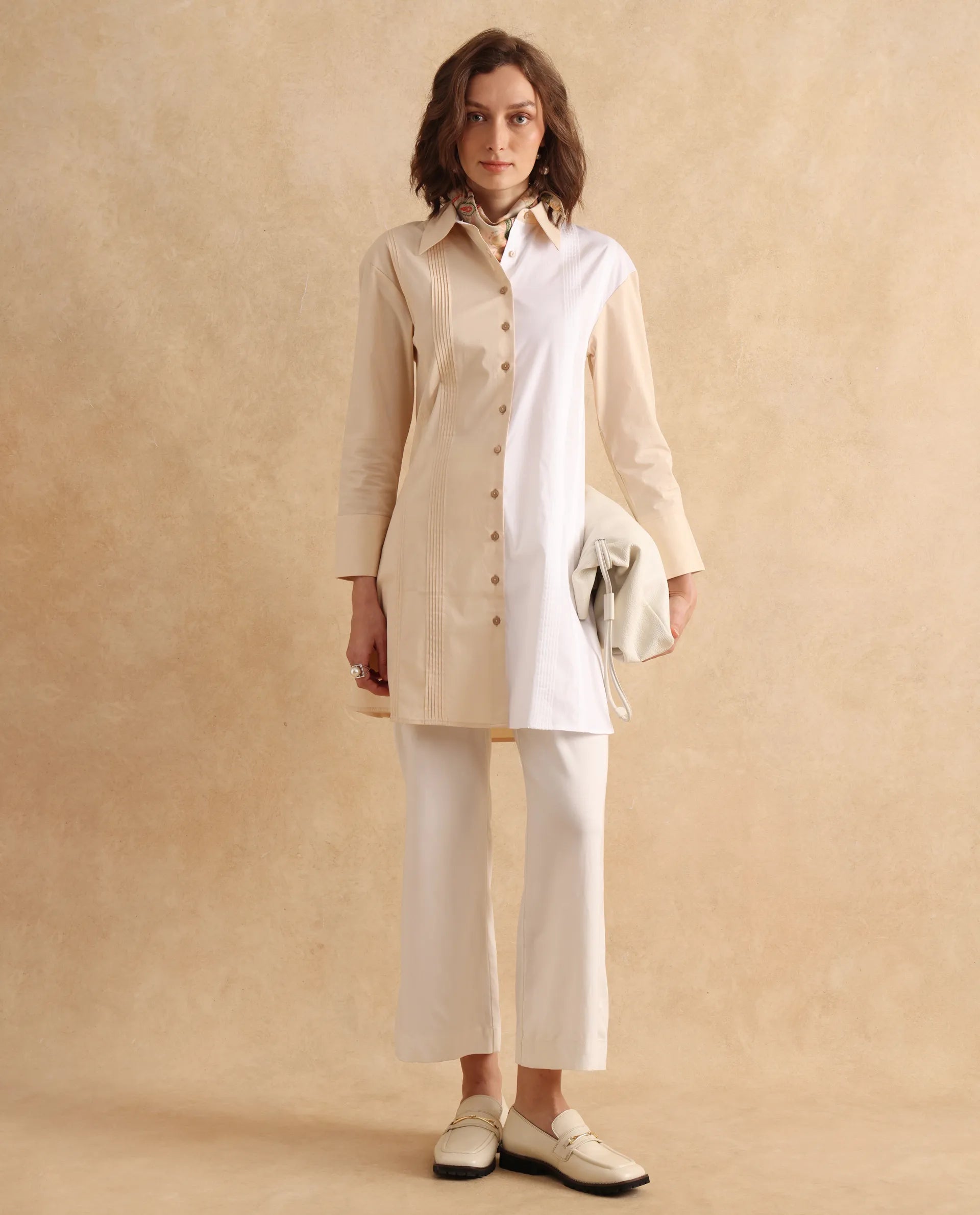 Rareism Women's Loibx White & Beige Cotton Fabric Collared Neck Button Closure Cuffed Sleeve Color Block Straight Fit Mini Dress