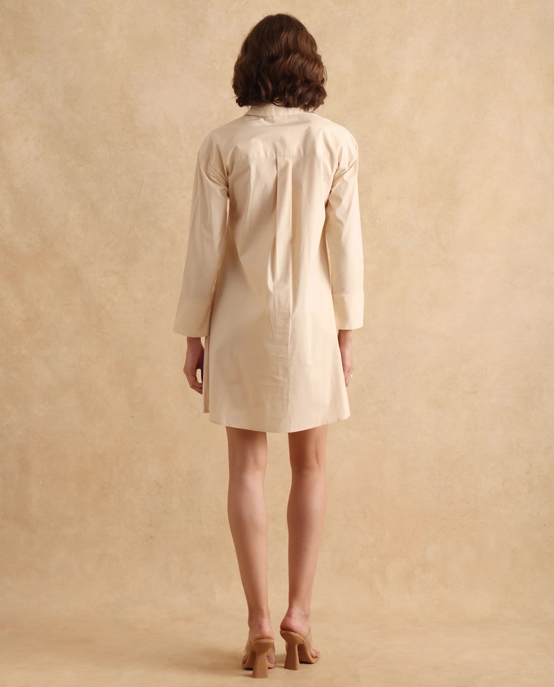 Rareism Women's Loibx White & Beige Cotton Fabric Collared Neck Button Closure Cuffed Sleeve Color Block Straight Fit Mini Dress