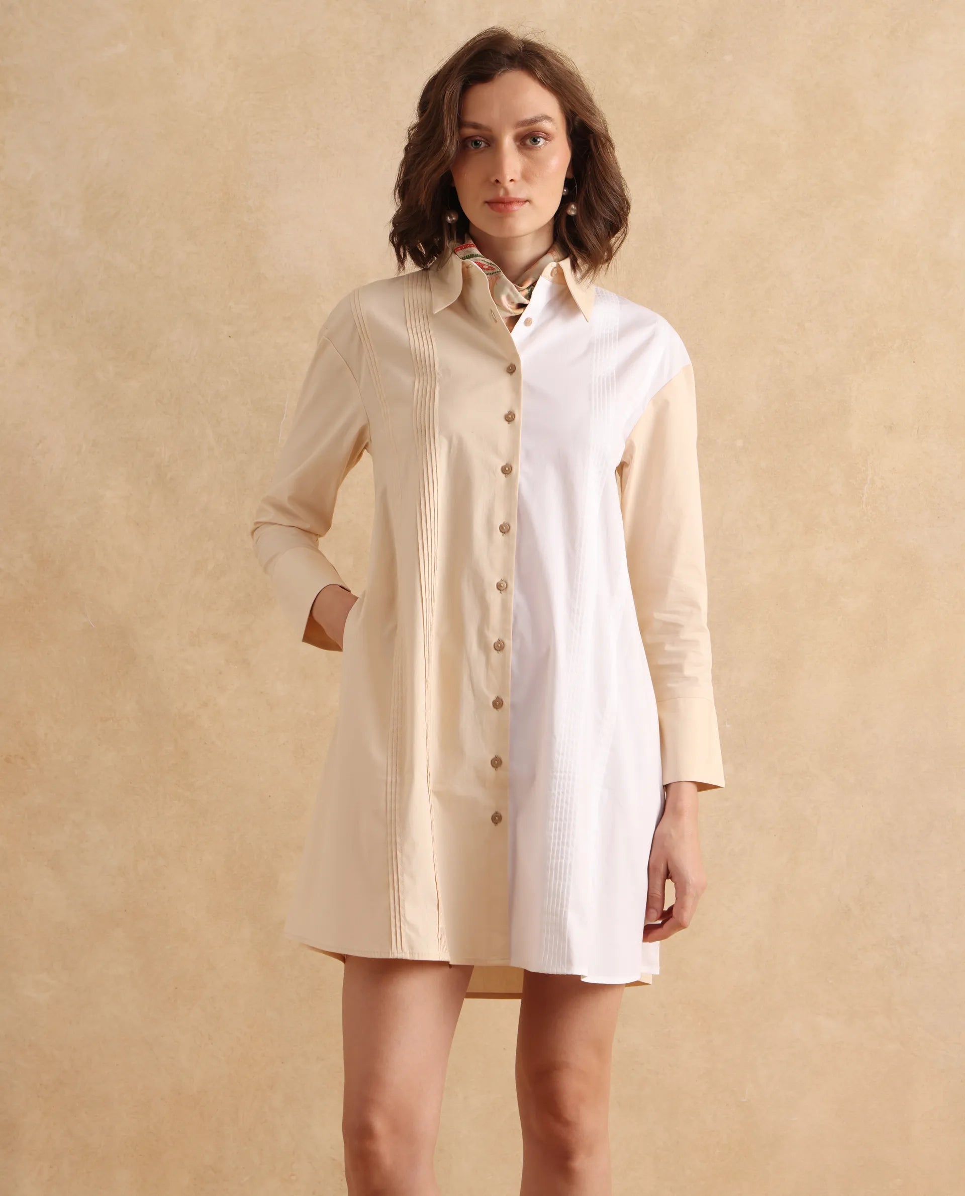 Rareism Women's Loibx White & Beige Cotton Fabric Collared Neck Button Closure Cuffed Sleeve Color Block Straight Fit Mini Dress