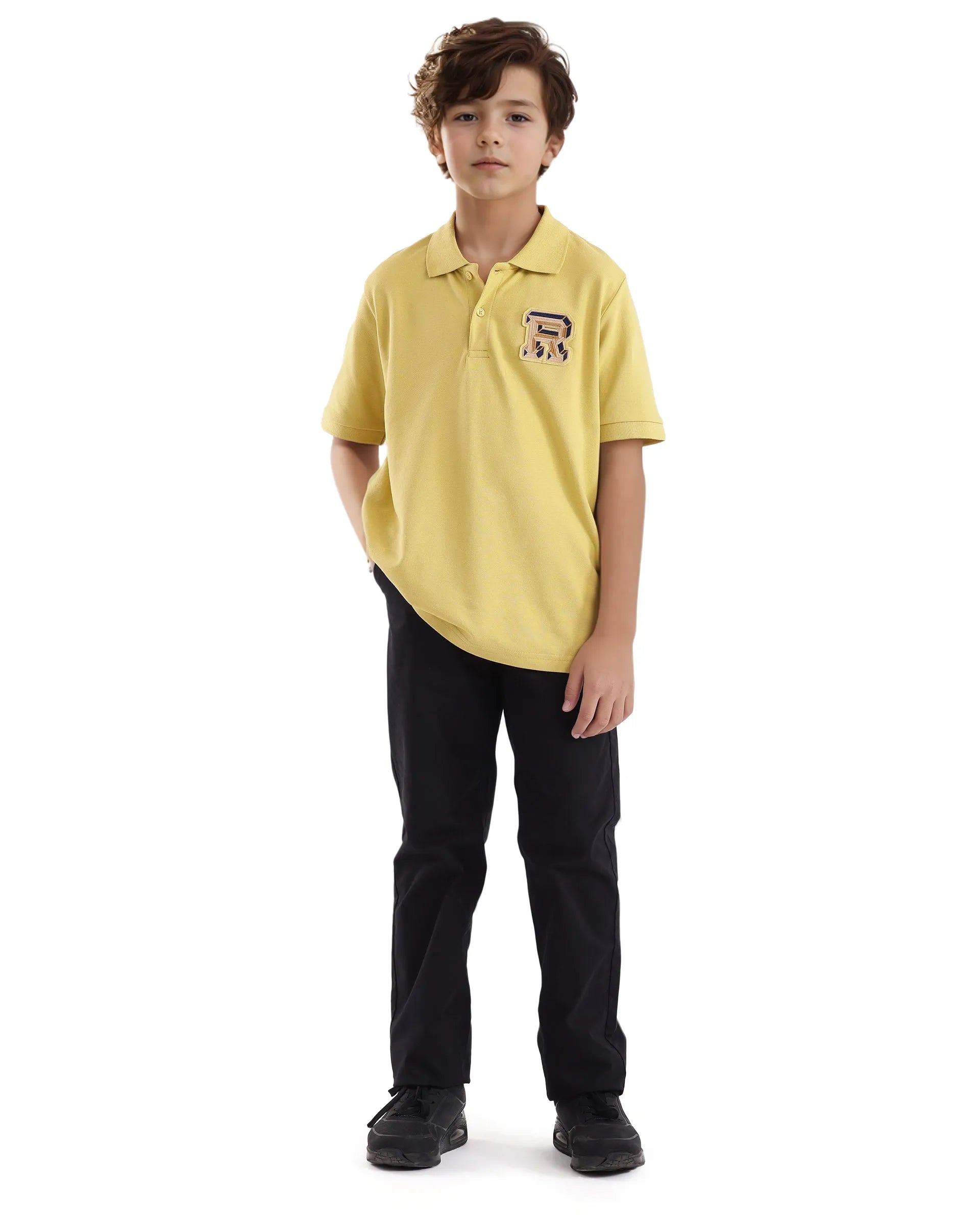 Rare Ones Kids Luan Flouroscent Yellow Cotton Short Sleeve Applique Print Polo