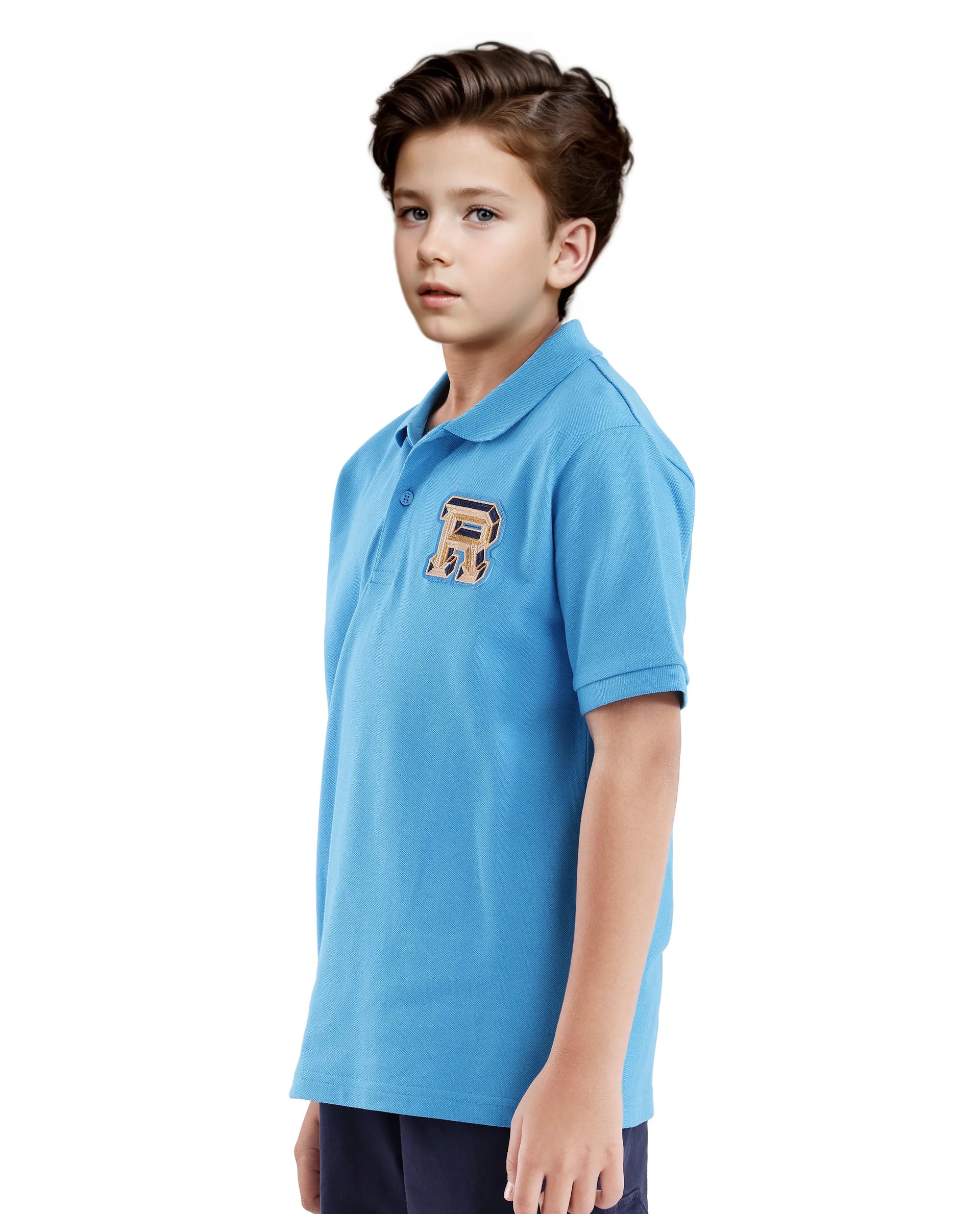 Rare Ones Kids Luan Light Blue Cotton Short Sleeve Applique Print Polo