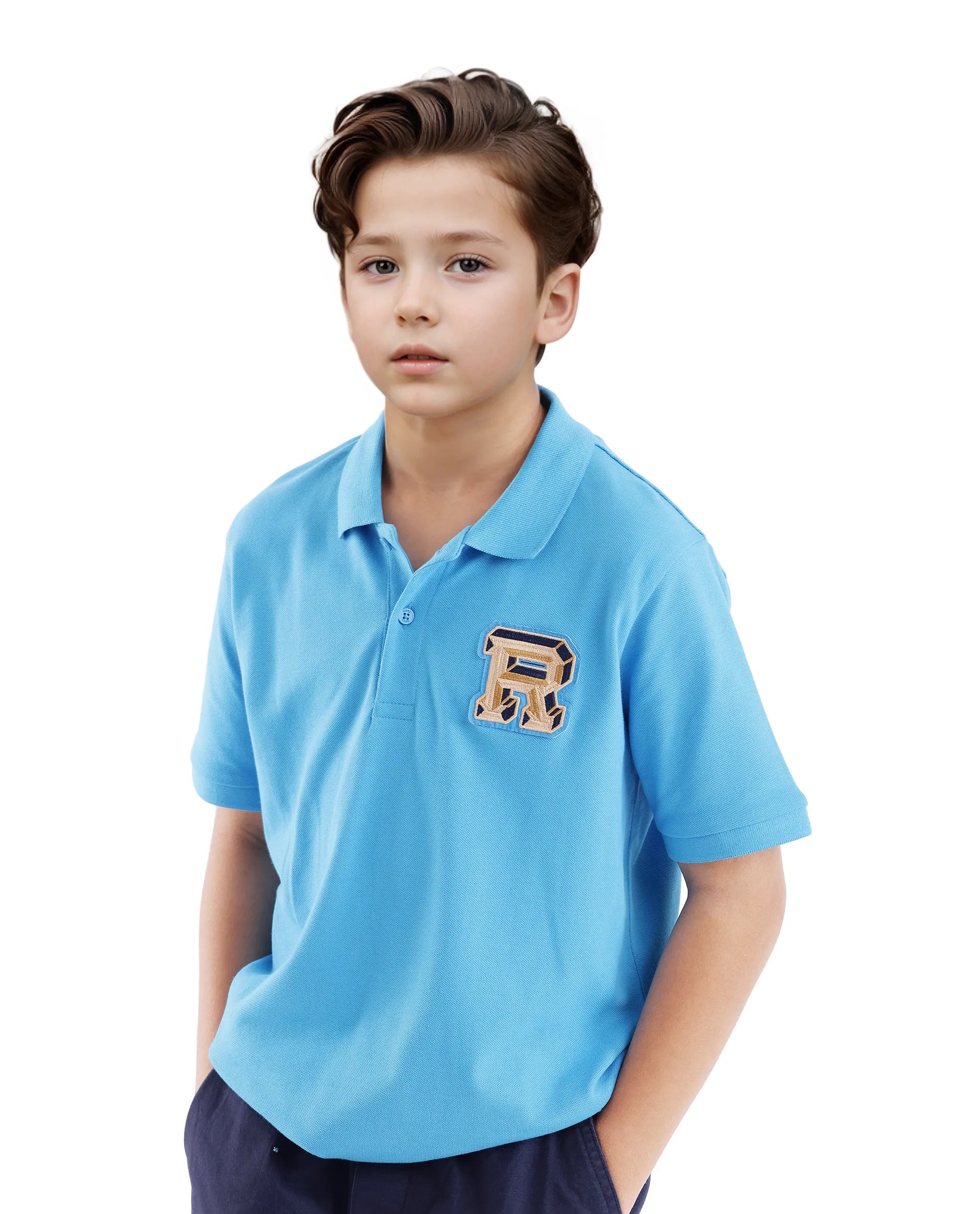 Rare Ones Kids Luan Light Blue Cotton Short Sleeve Applique Print Polo
