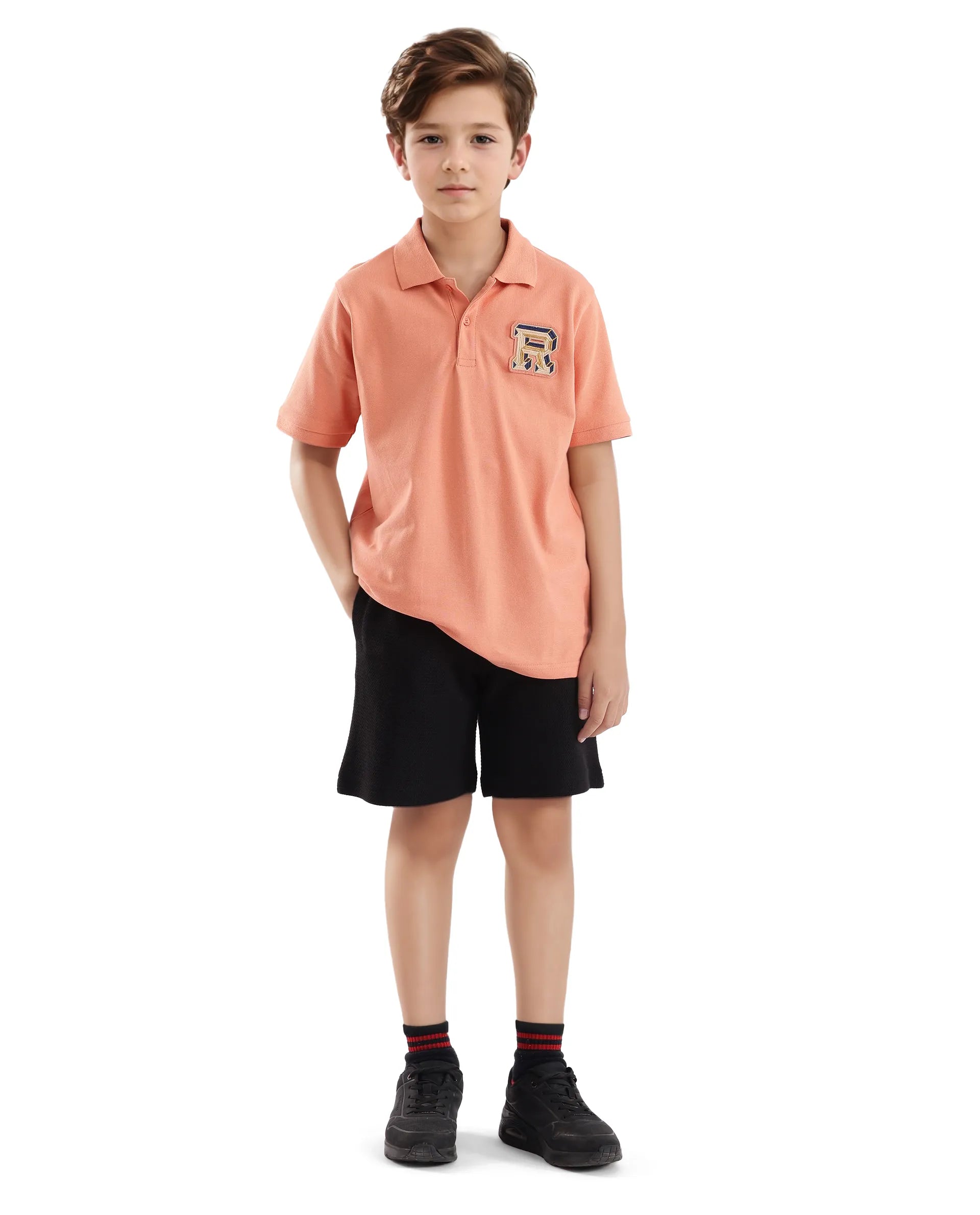 Rare Ones Kids Luan Light Orange Cotton Short Sleeve Applique Polo