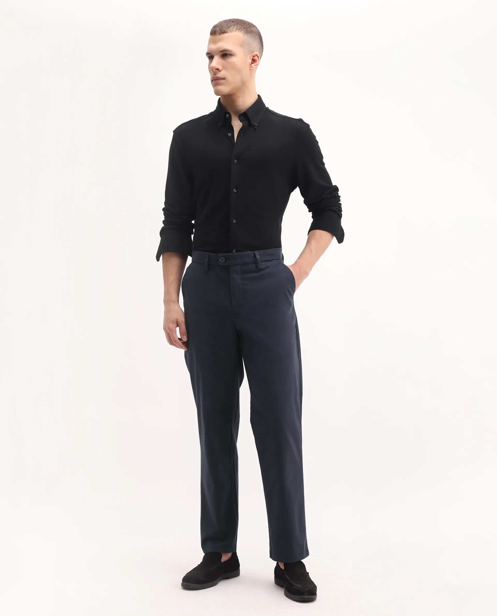 Rare Rabbit Men's Lubeck Navy Cotton Plain Relaxed Fit Trouser