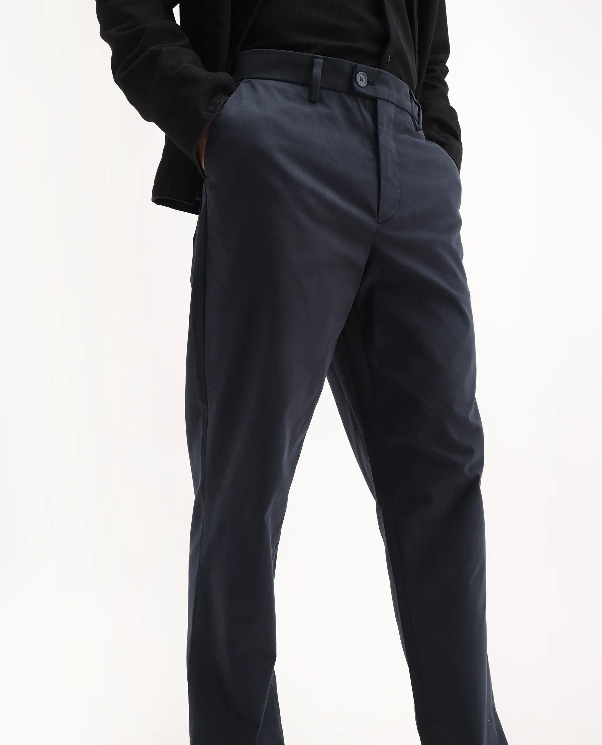 Rare Rabbit Men's Lubeck Navy Cotton Plain Relaxed Fit Trouser