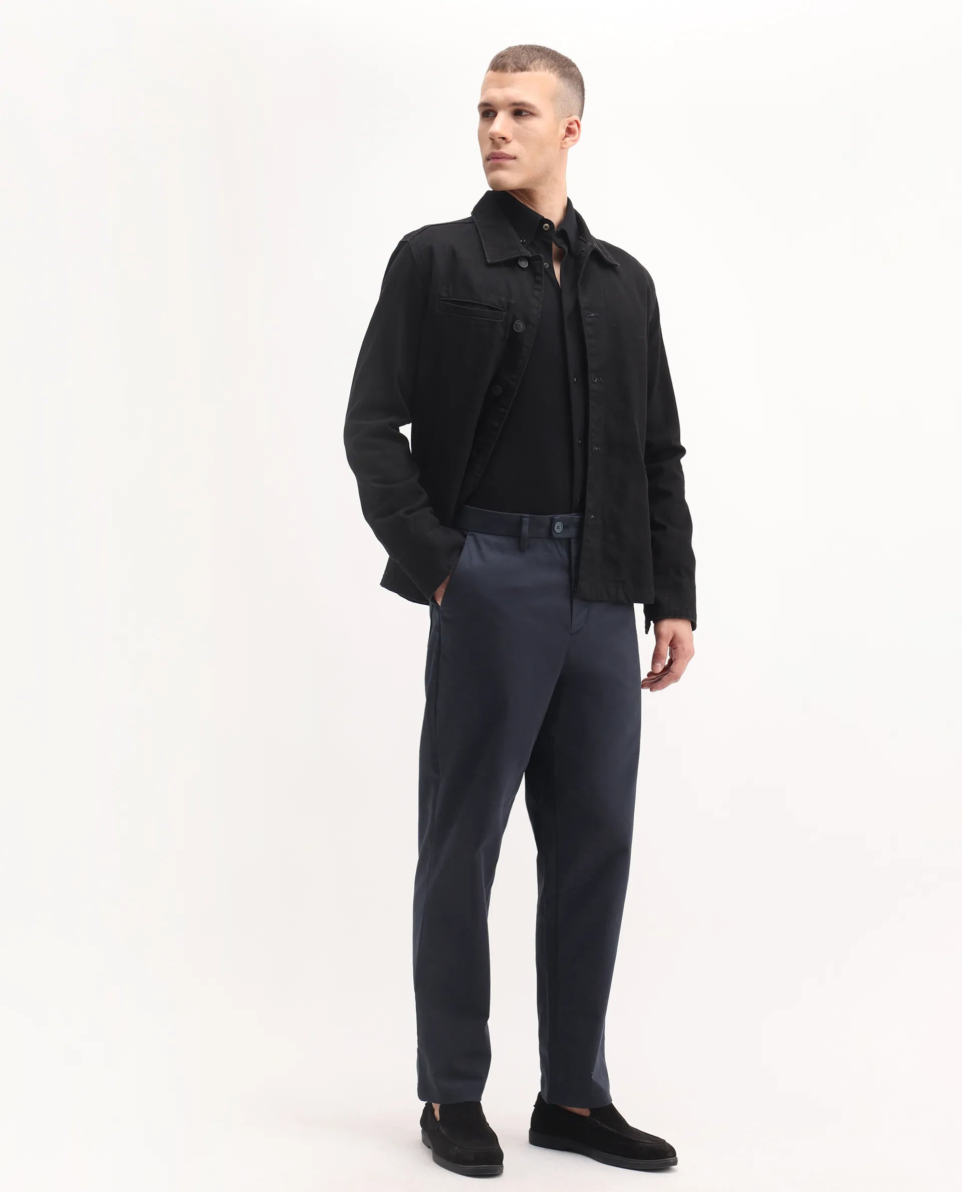 Rare Rabbit Men's Lubeck Navy Cotton Plain Relaxed Fit Trouser