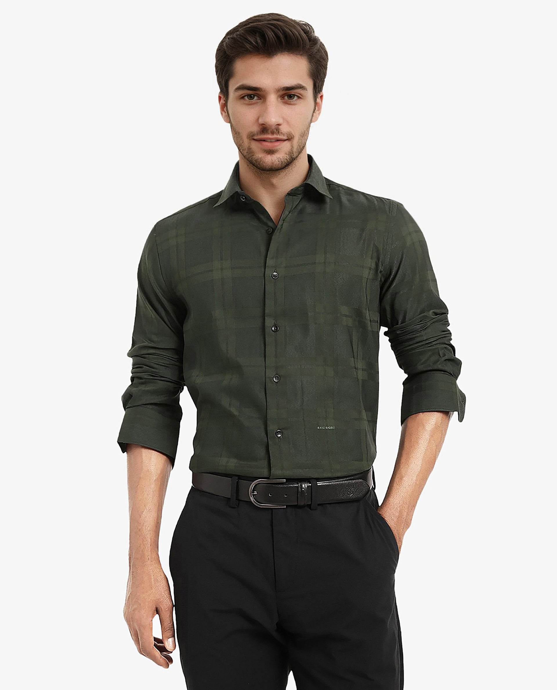 Rare Rabbit Men's Lubin Dark Green Cotton Polyester Fabric Full Sleeve Regular Fit Tonal Checks Shirt