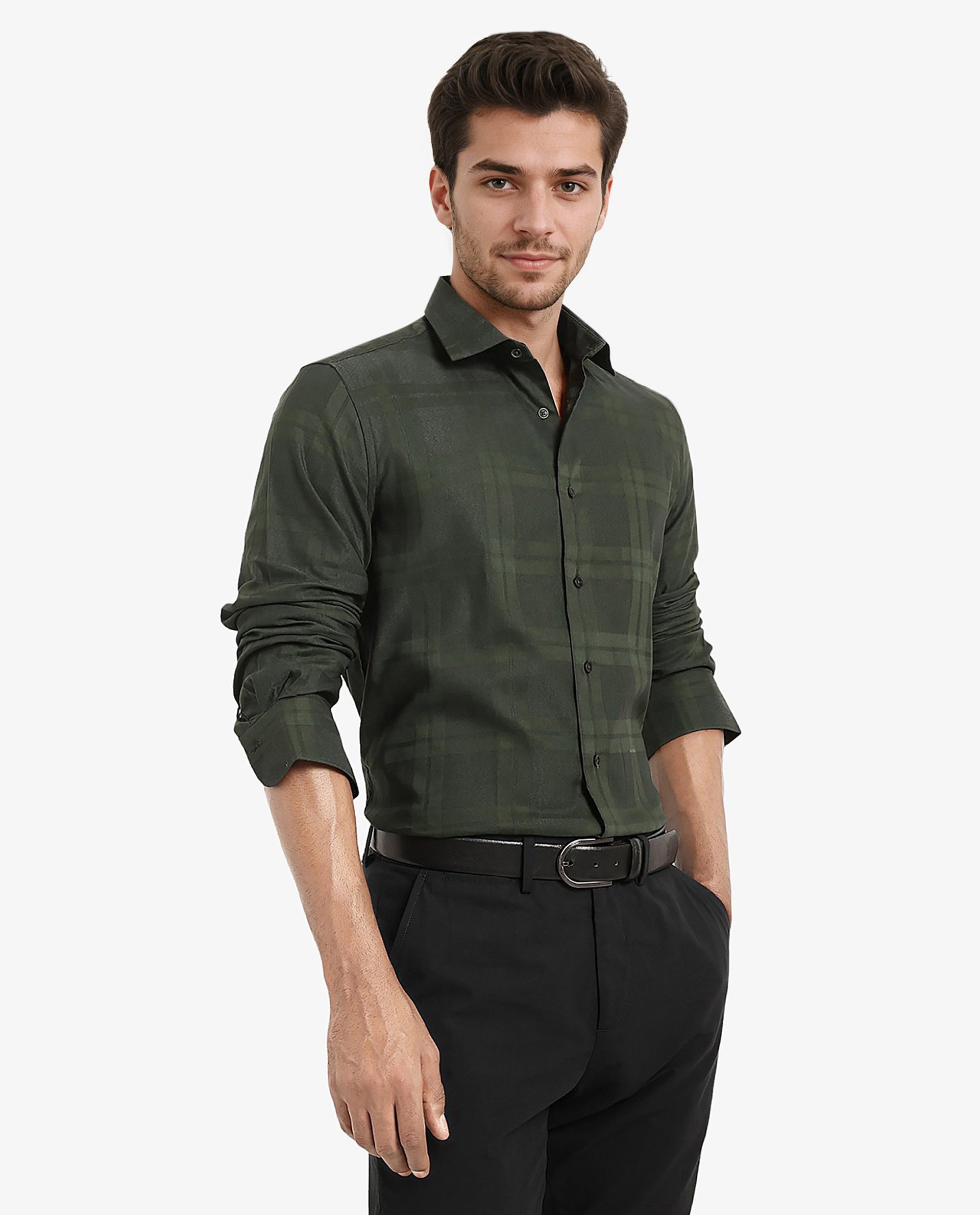 Rare Rabbit Men's Lubin Dark Green Cotton Polyester Fabric Full Sleeve Regular Fit Tonal Checks Shirt