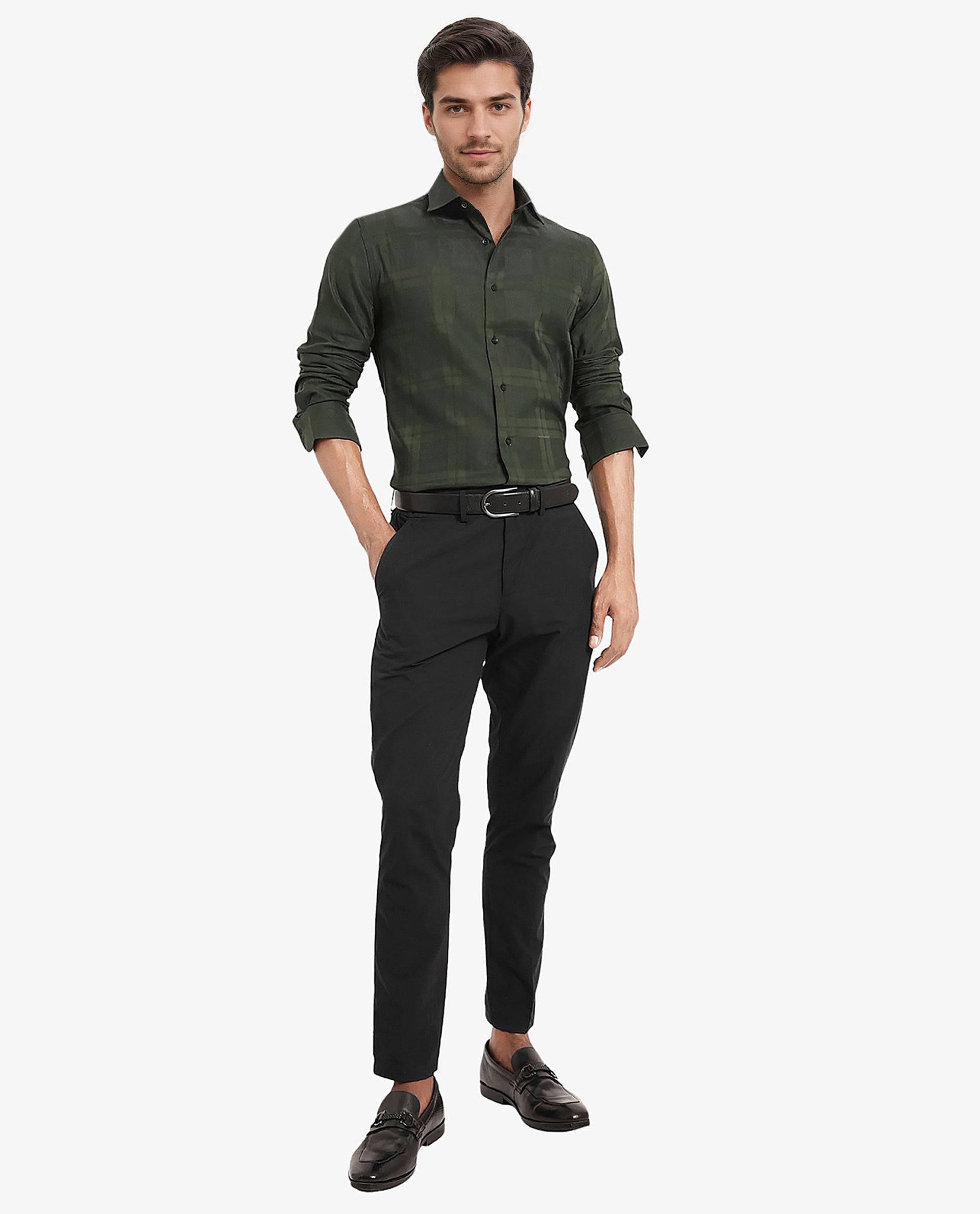 Rare Rabbit Men's Lubin Dark Green Cotton Polyester Fabric Full Sleeve Regular Fit Tonal Checks Shirt