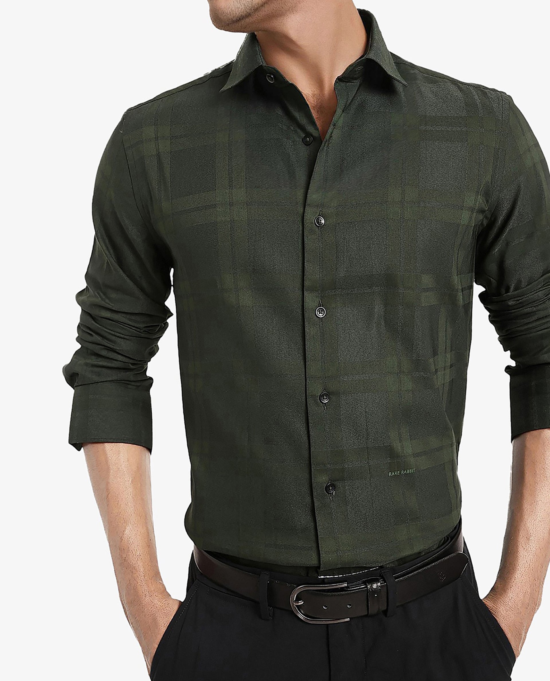 Rare Rabbit Men's Lubin Dark Green Cotton Polyester Fabric Full Sleeve Regular Fit Tonal Checks Shirt