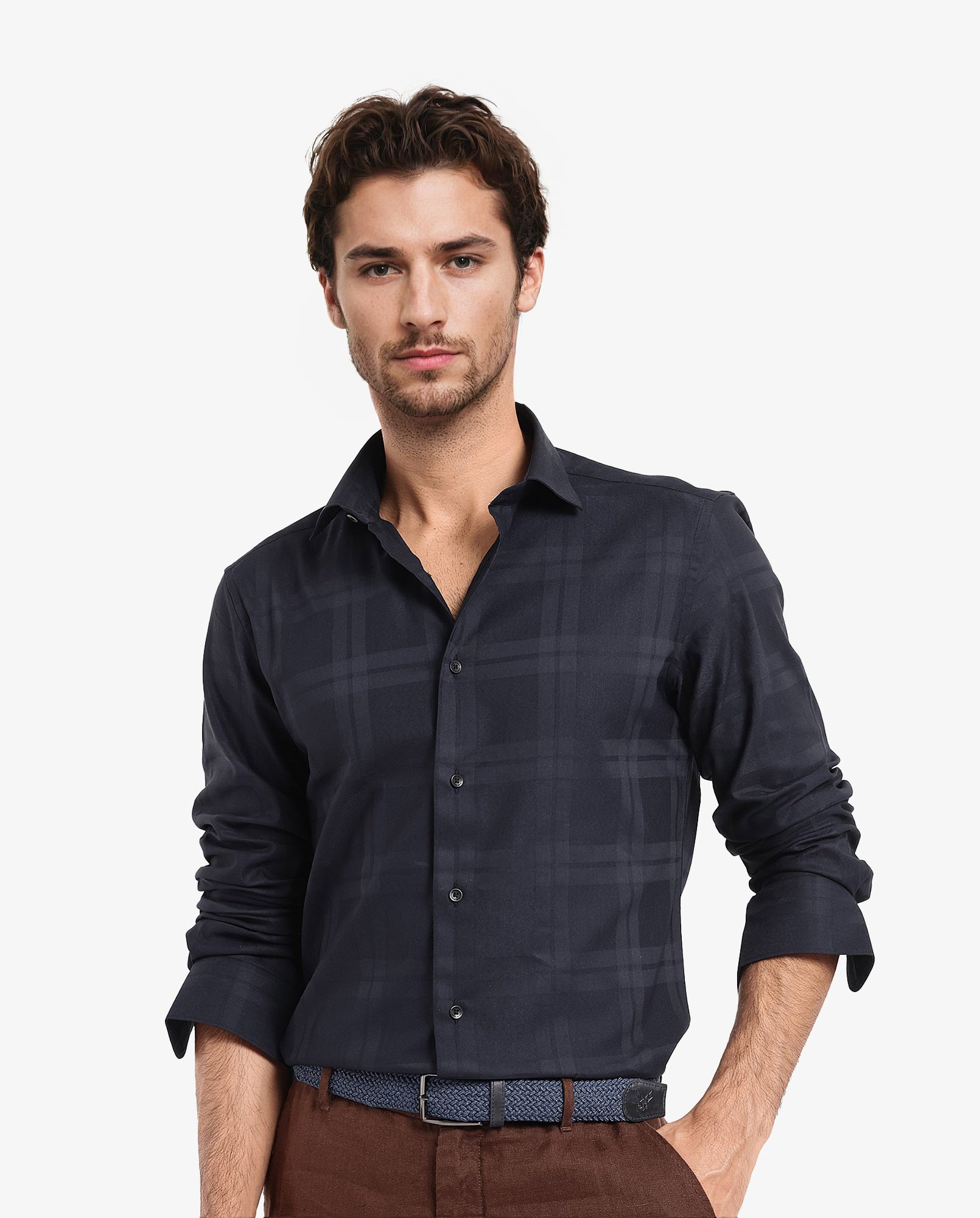 Rare Rabbit Men's Lubin Navy Cotton Polyester Fabric Full Sleeve Regular Fit Tonal Checks Shirt