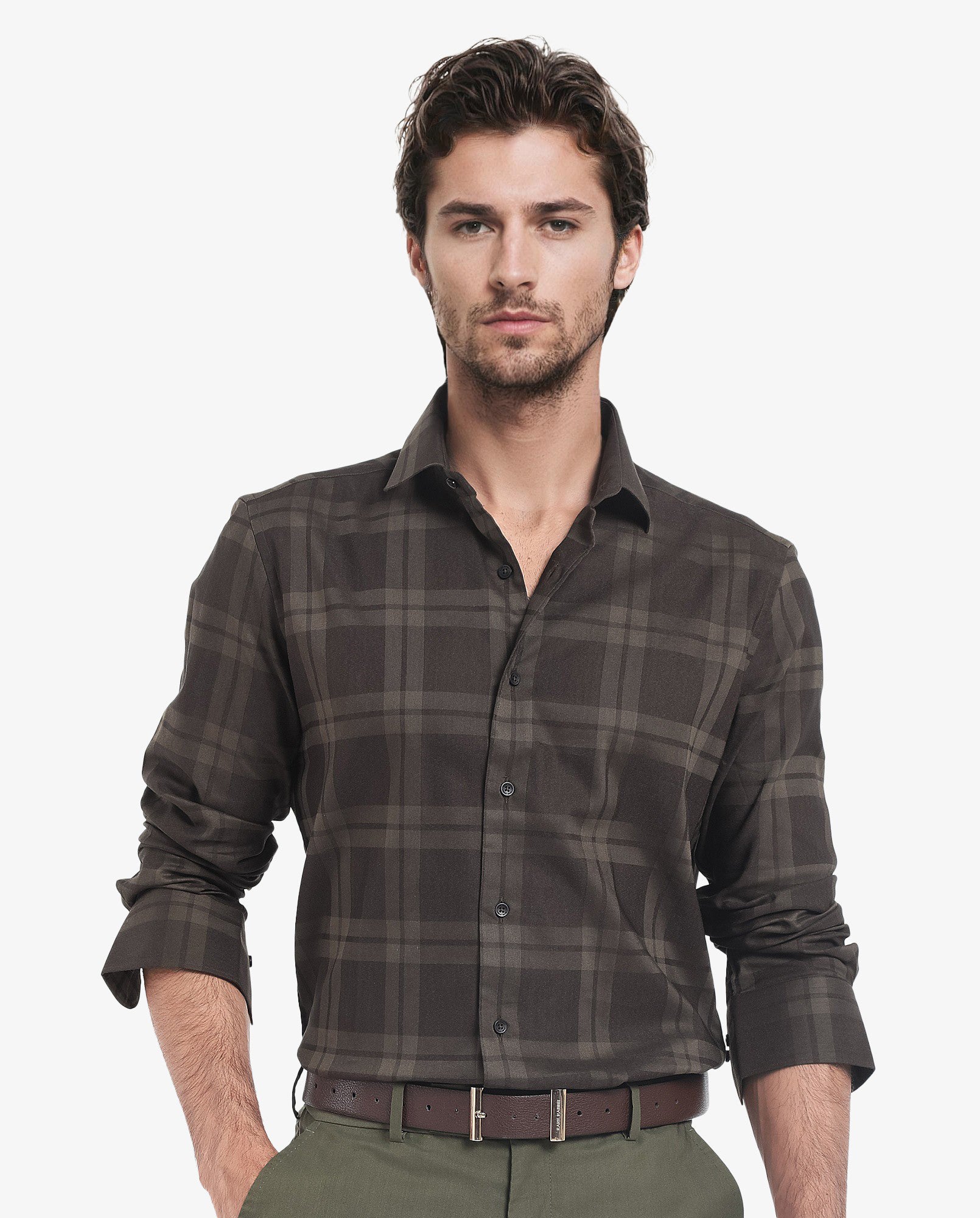 Rare Rabbit Men's Lubin Olive Cotton Polyester Fabric Full Sleeve Regular Fit Tonal Checks Shirt