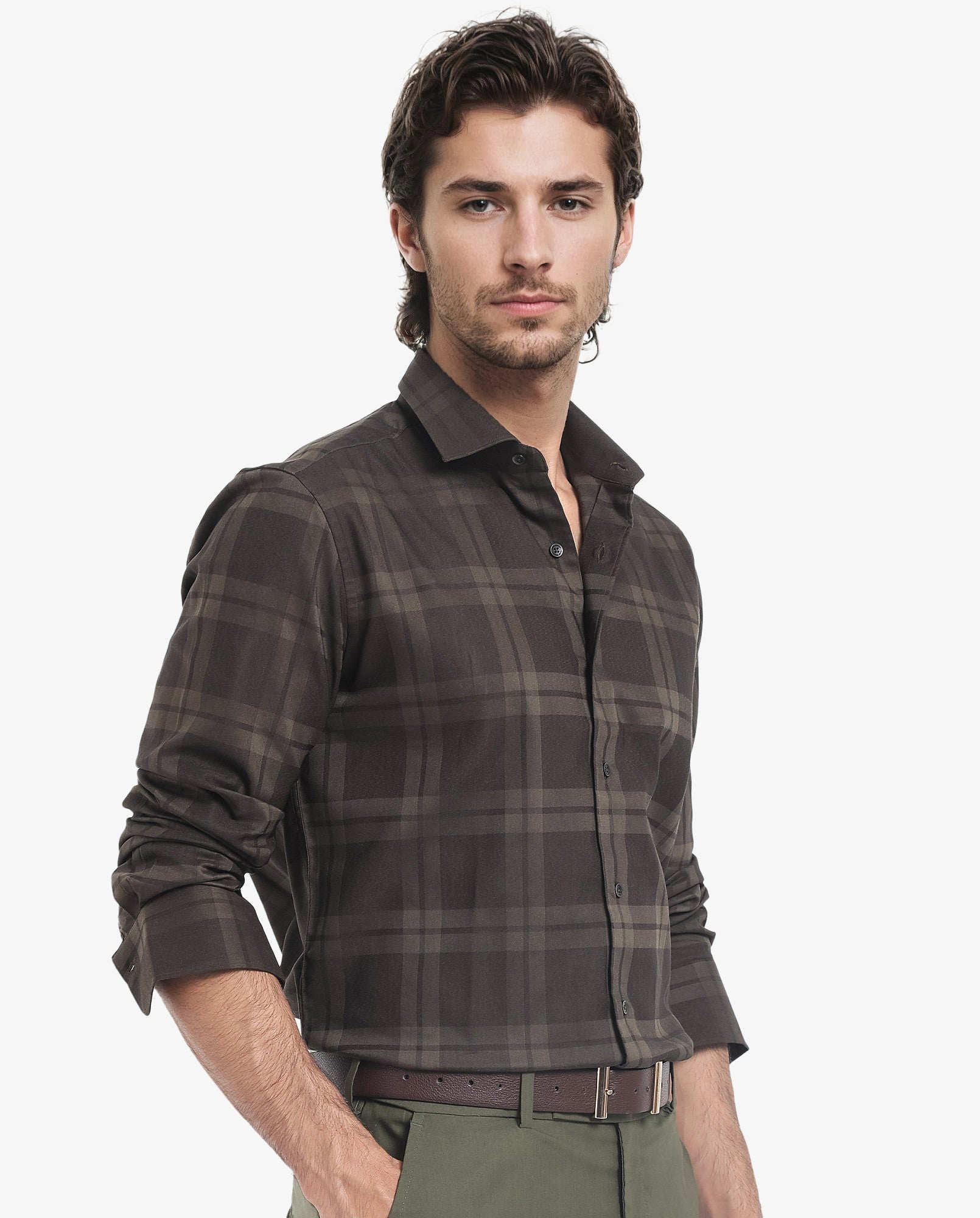 Rare Rabbit Men's Lubin Olive Cotton Polyester Fabric Full Sleeve Regular Fit Tonal Checks Shirt