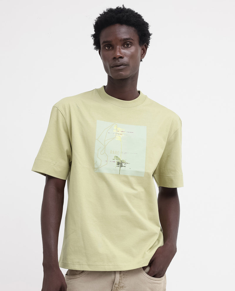 Rare Rabbit Articale Mens Luca Light Green Cotton Polyester Fabric Short Sleeve Crew Neck Oversized Fit Graphic Printed T-Shirt